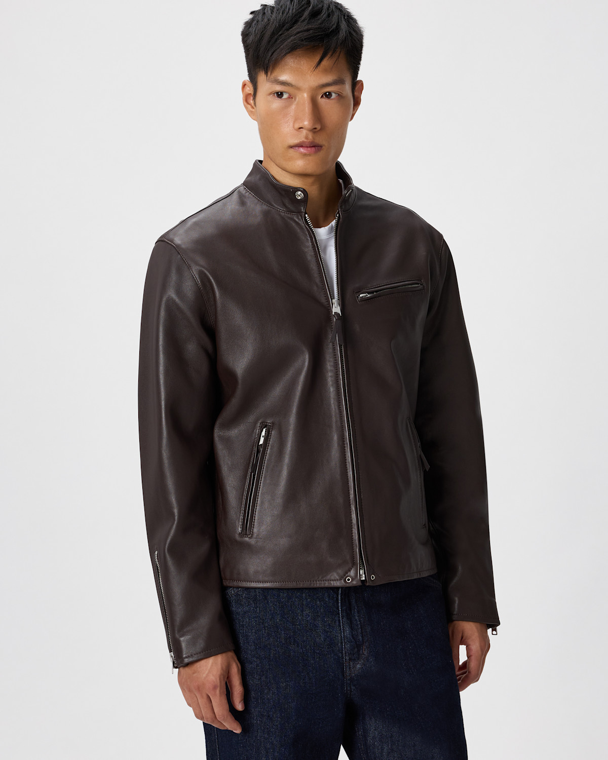 Quince Men's 100% Leather Café Racer Jacket in Rich Brown