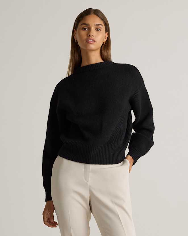 Black 100% Yak Wool Pointelle Detail Relaxed Crew