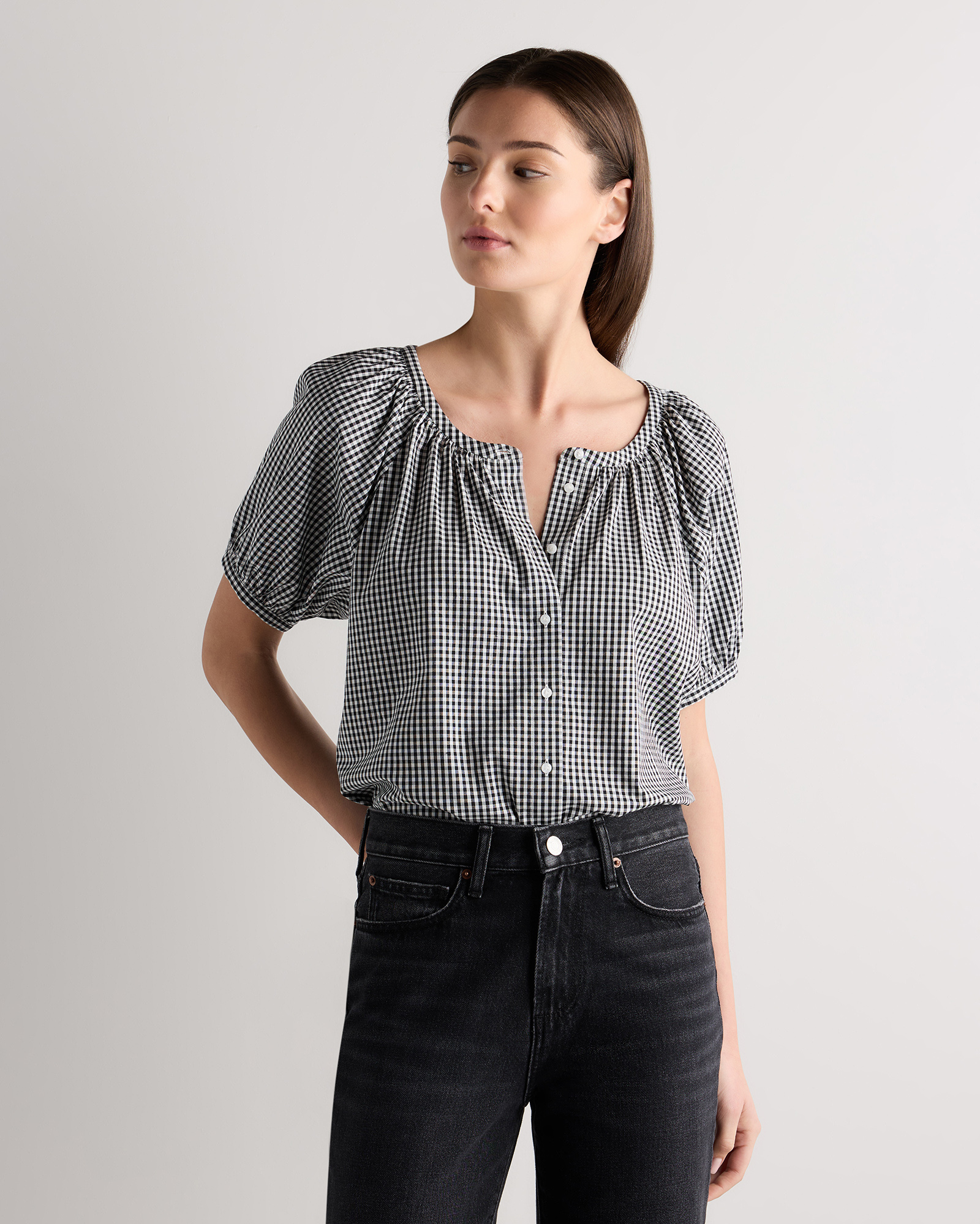 Classic Mini Gingham Cotton Viscose Voile Raglan Short Sleeve Blouse