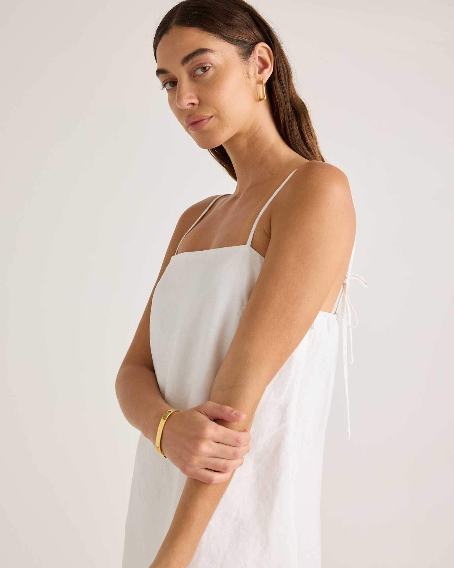 100% European Linen Spaghetti Strap Mini Dress in White