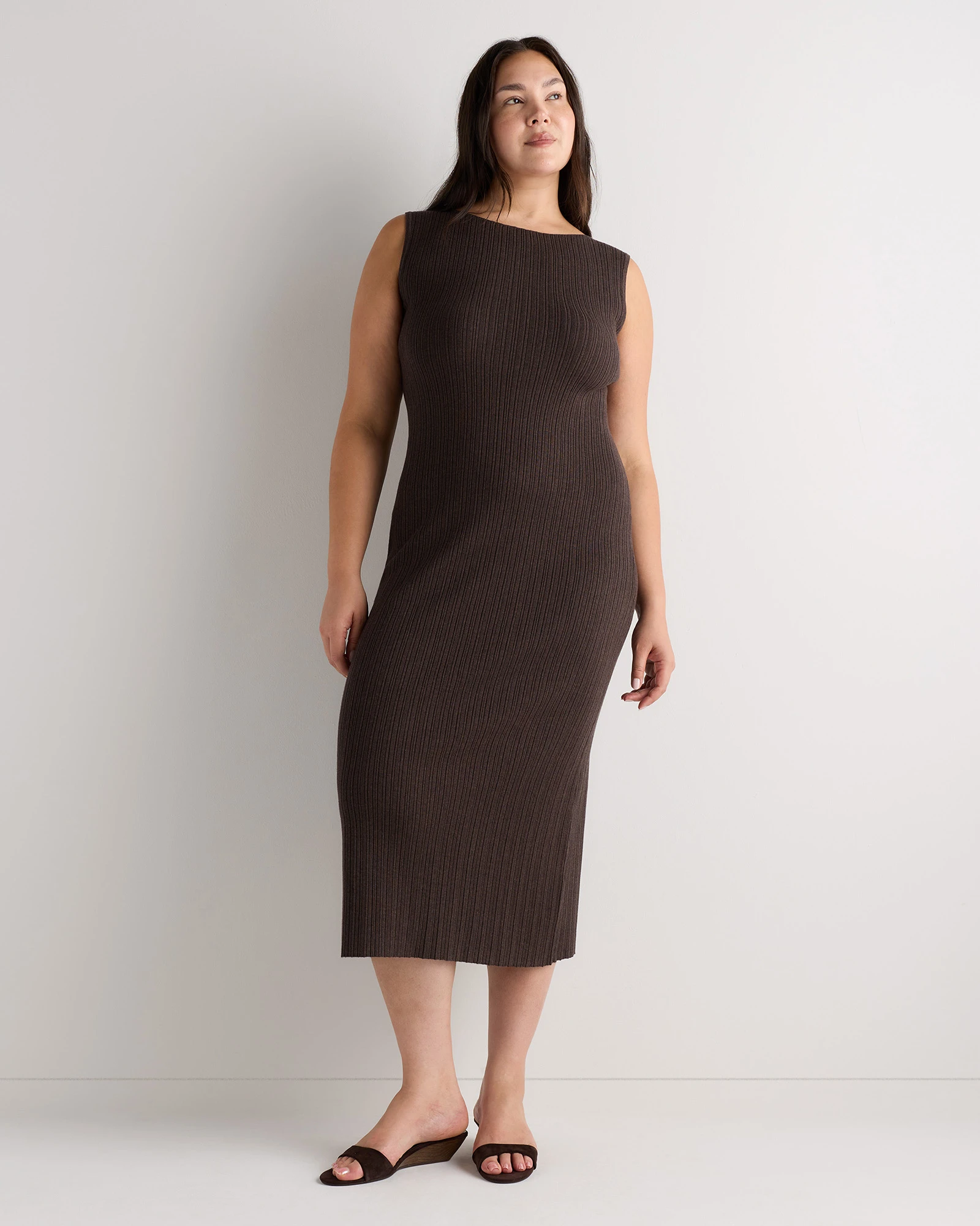 Women's Plus Size Cotton Cashmere Ribbed Sleeveless Midi Dress