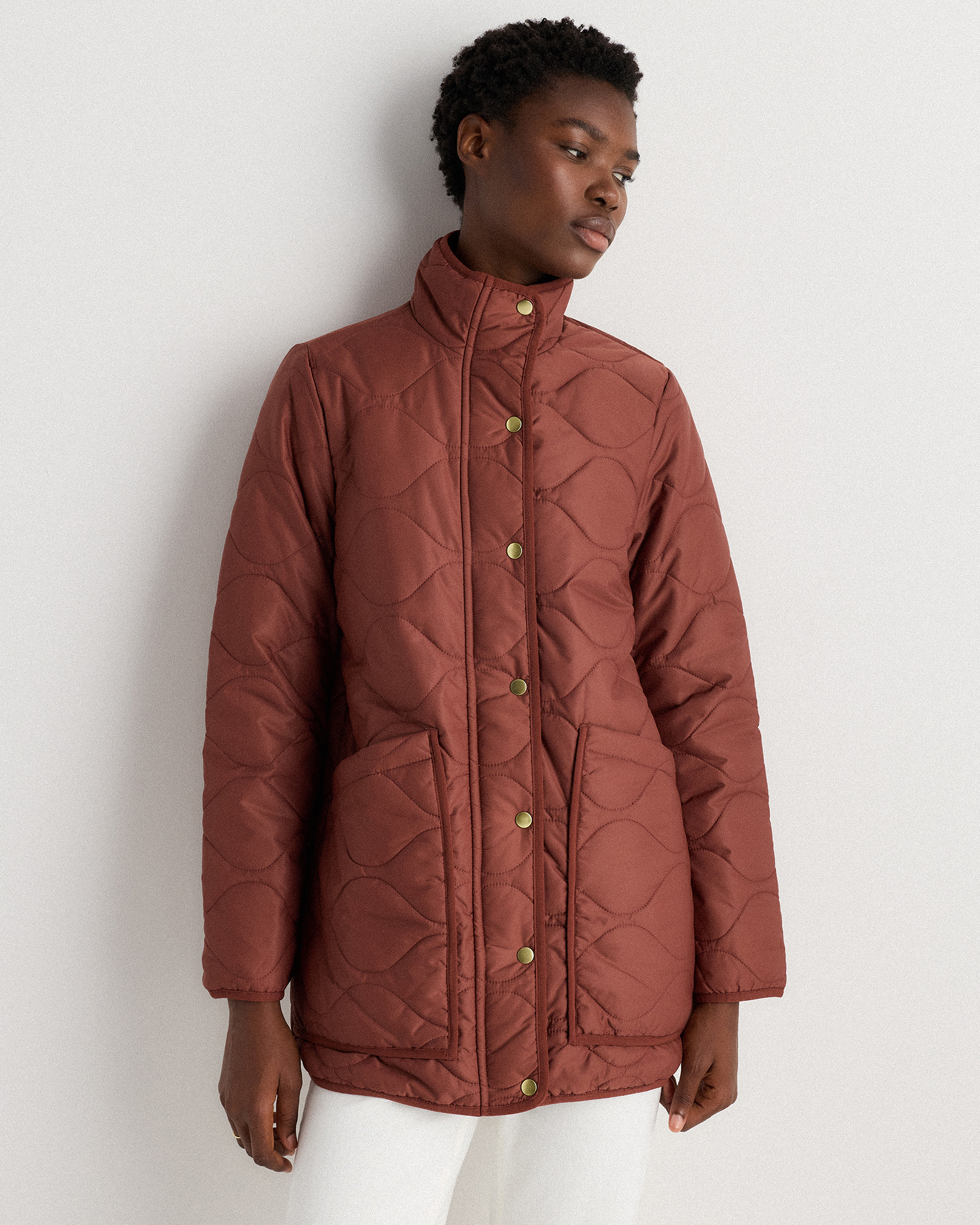 Featherless Quilted Long Puffer Jacket in Redwood Brown