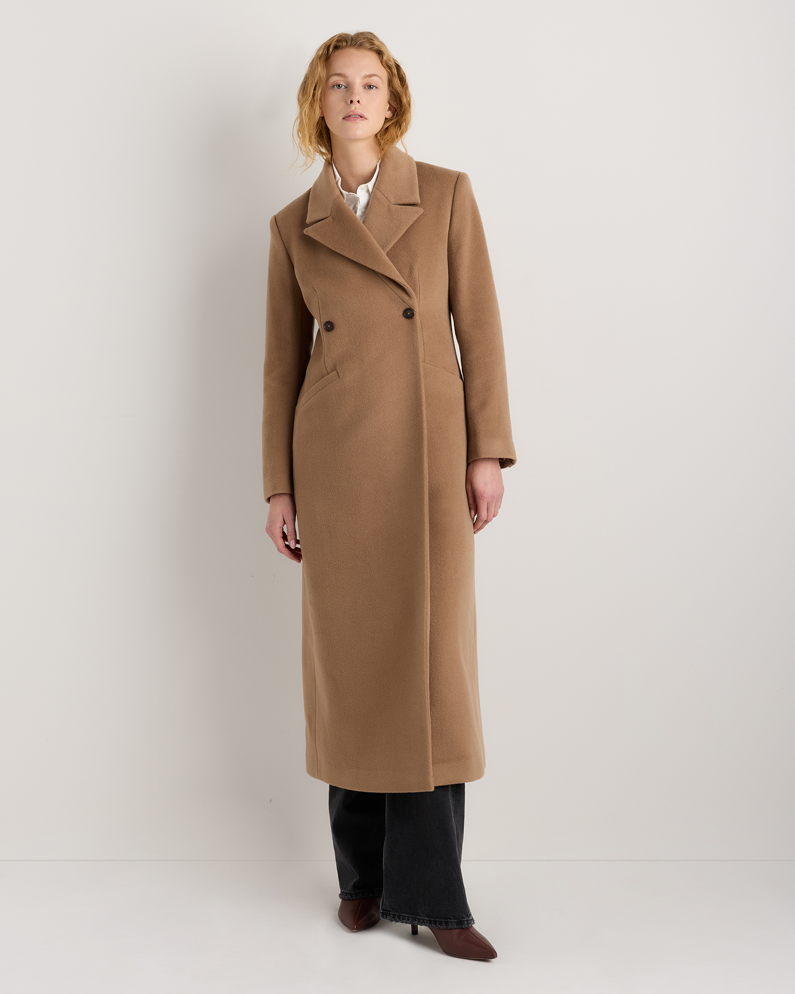 Wool Cashmere Tailored Long Coat in Mocha Brown