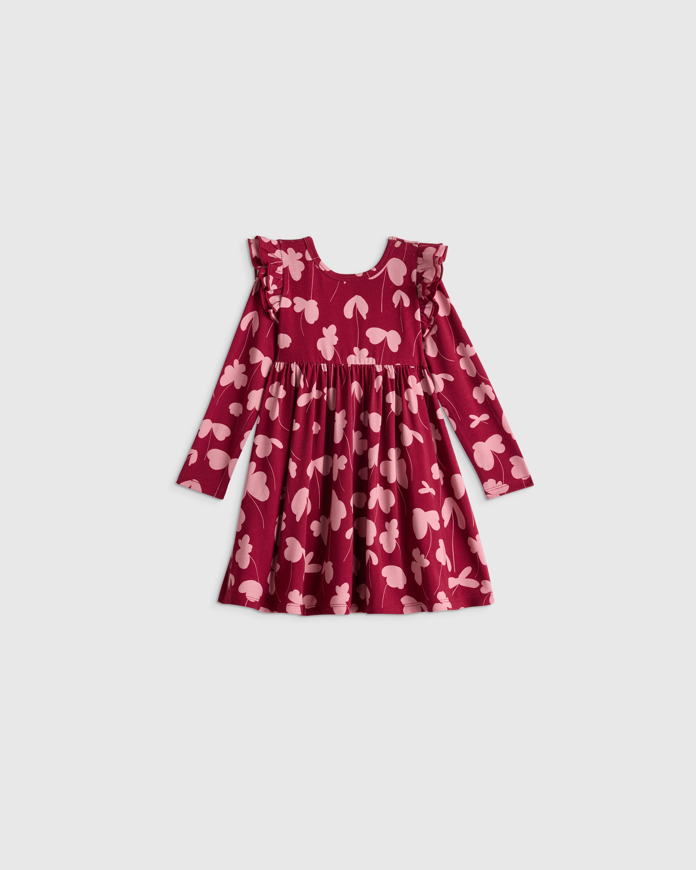 Burgundy Clovers Bamboo Long Sleeve Flutter Twirl Dress