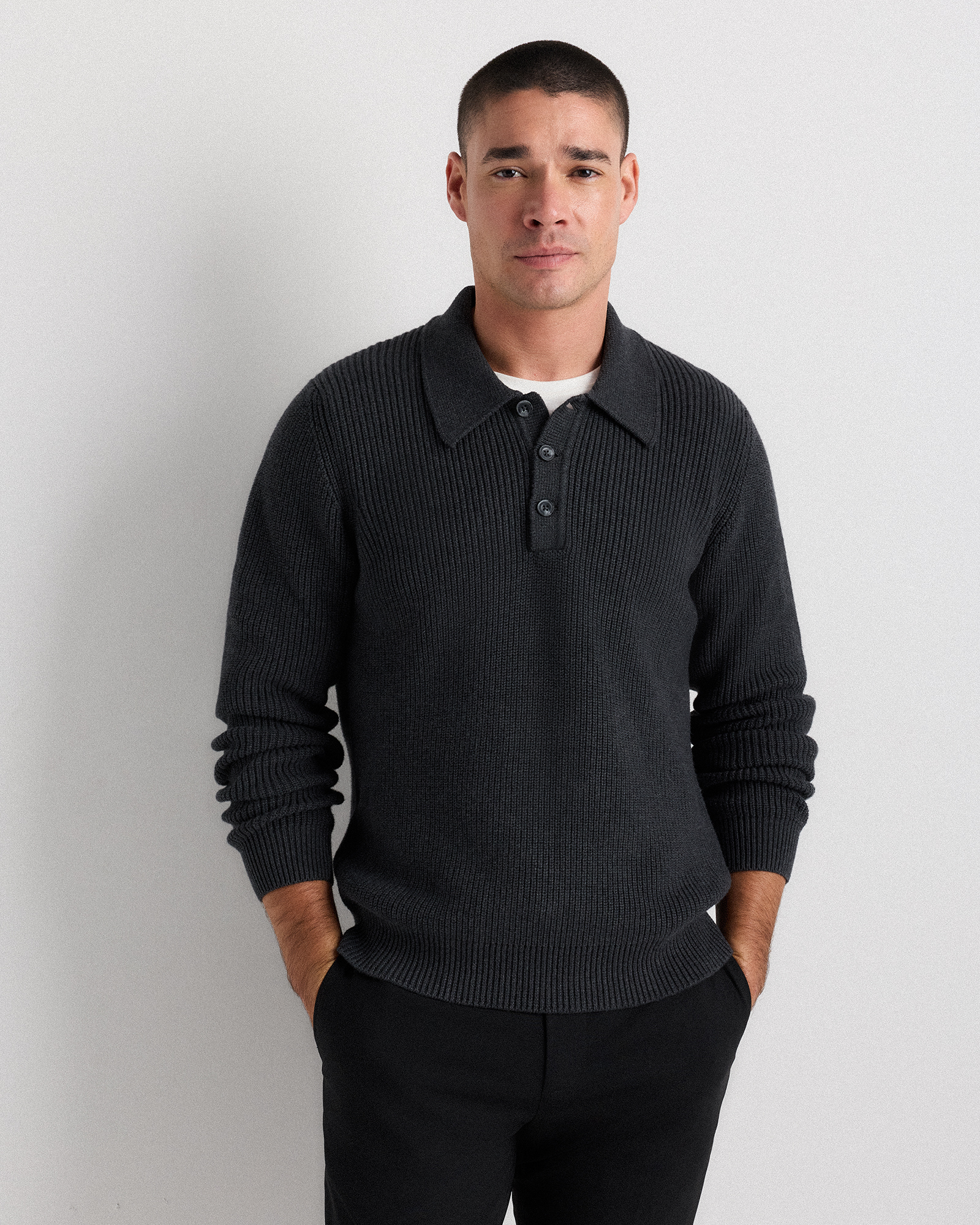 Charcoal 100% Organic Cotton Ribbed Polo Sweater
