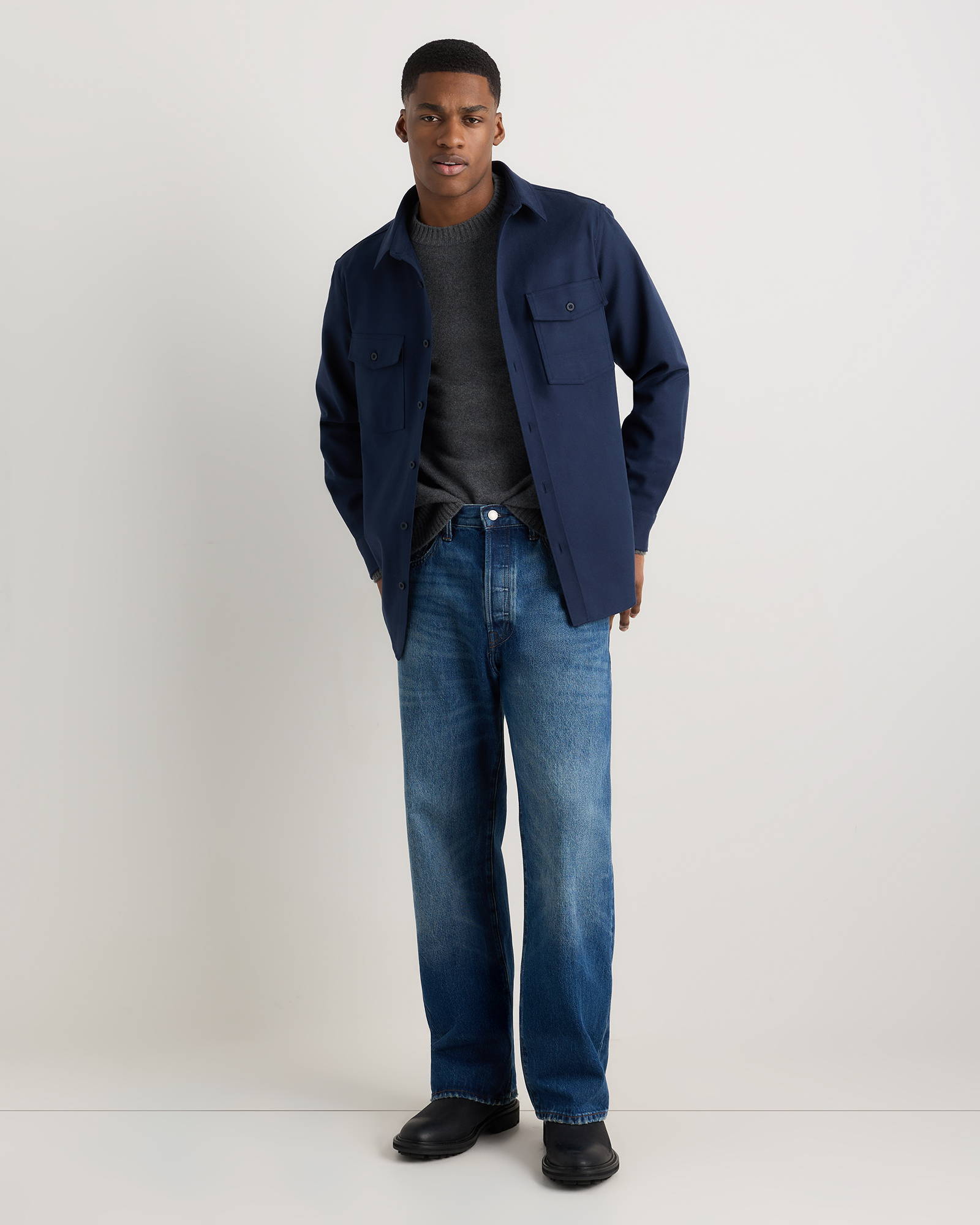 【24AW】Fine Wool Oversized Regular Shirt Brushed Cotton Wool Utility Overshirt in Deep Navy
