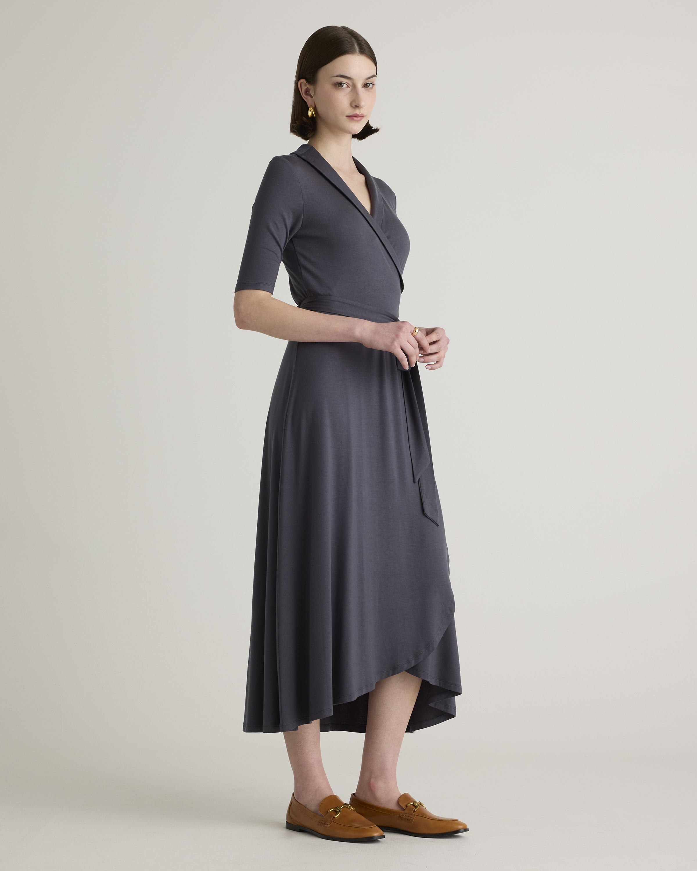 grey jersey midi dress Quince Women's Tencel Jersey Midi Wrap Dress, Carbon Grey, Size XS