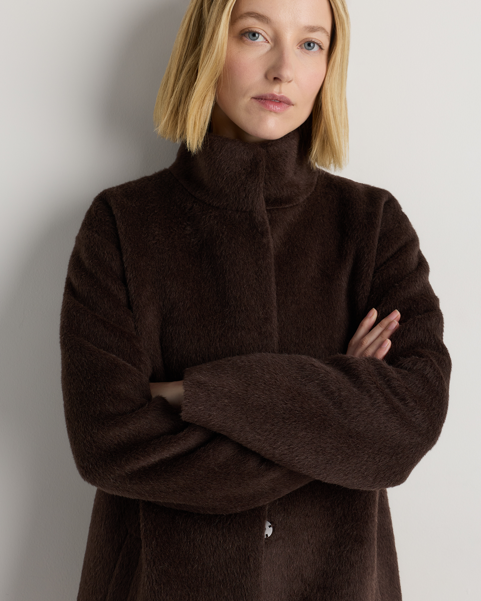 Alpaca-Wool Stand Collar Coat in Coffee Bean Brown