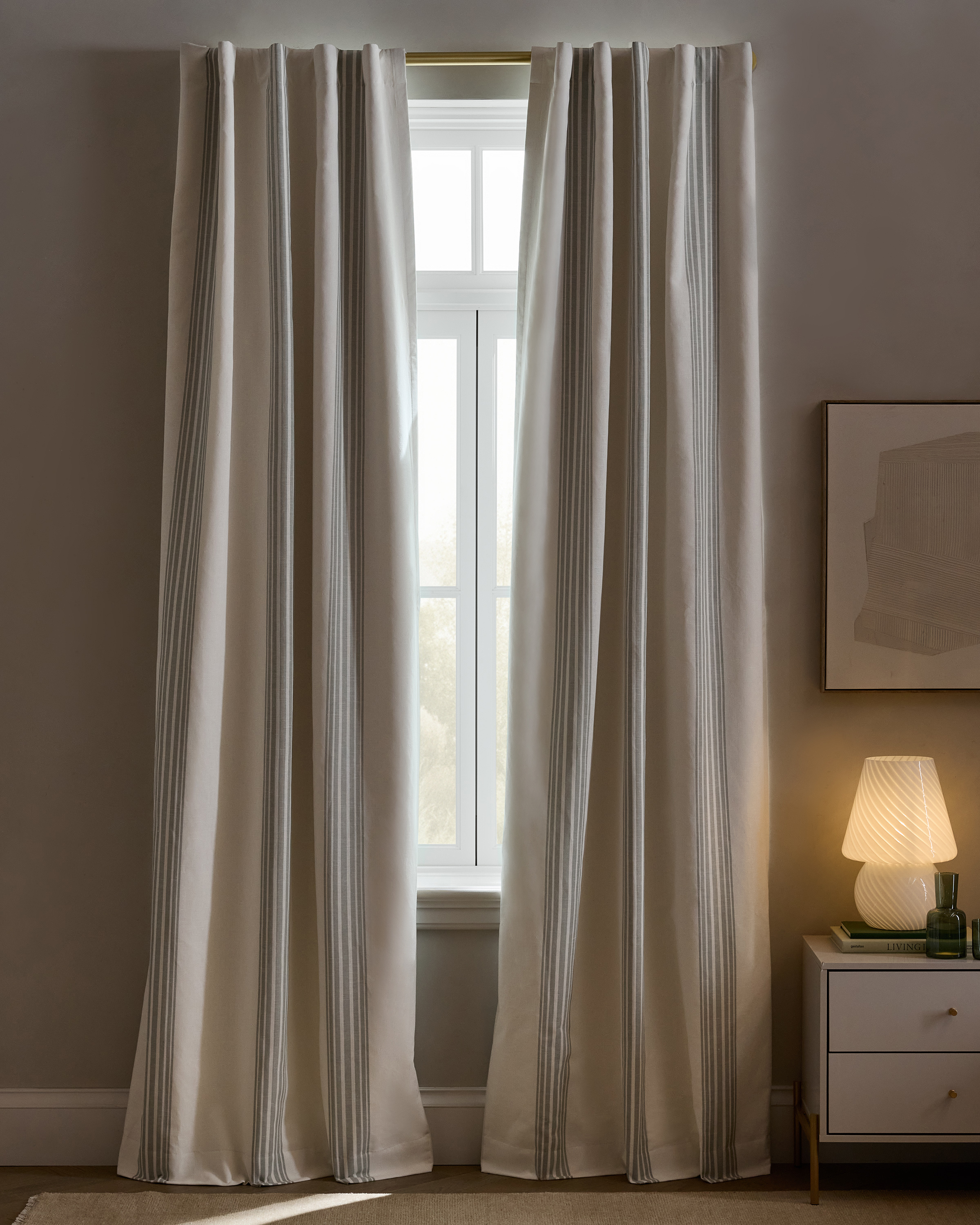 Ivory/Sage Green Coastal Stripe Linen Cotton True Blackout Curtian