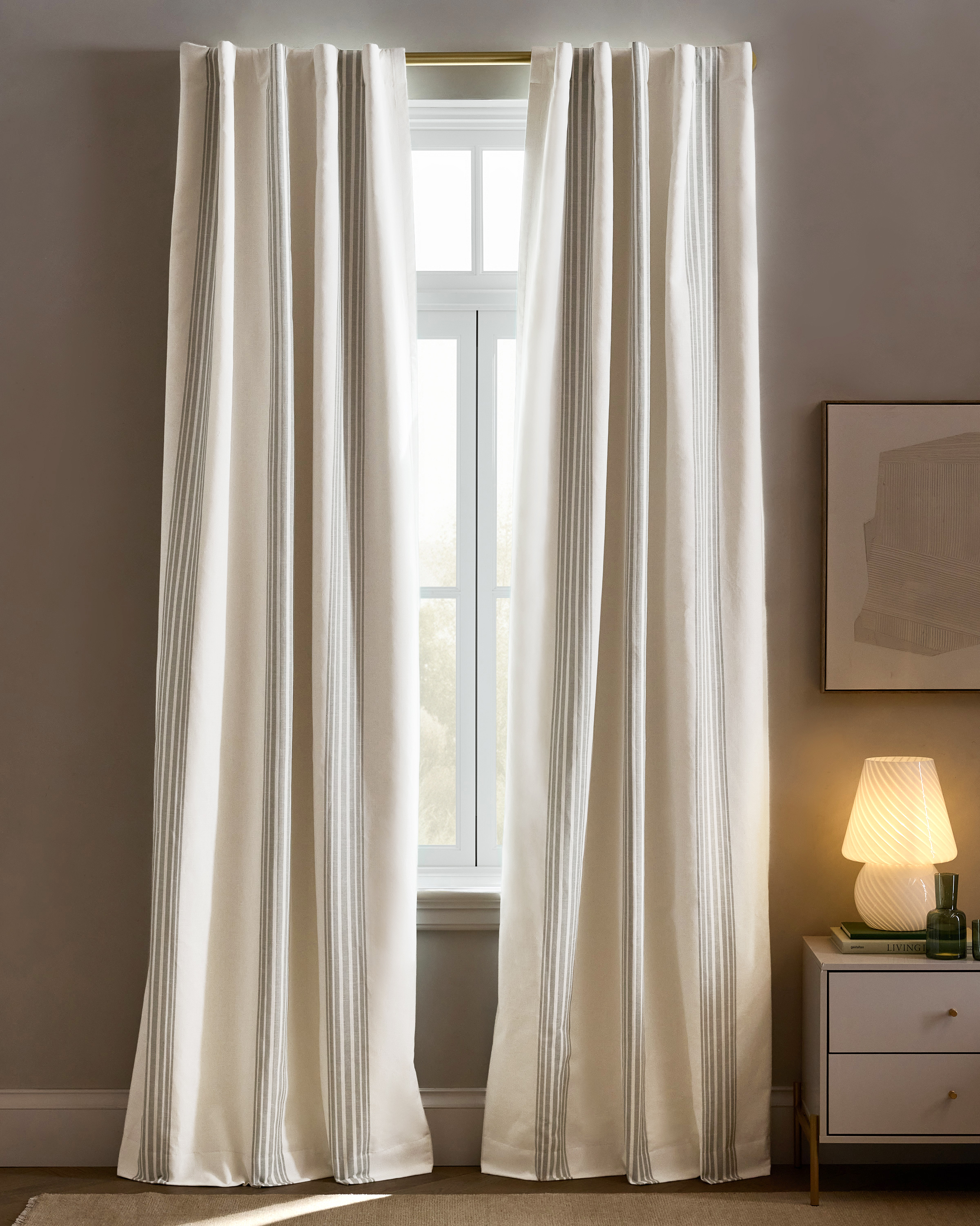 Ivory/Sage Green Coastal Stripe Linen Cotton True Blackout Curtain - Single Panel