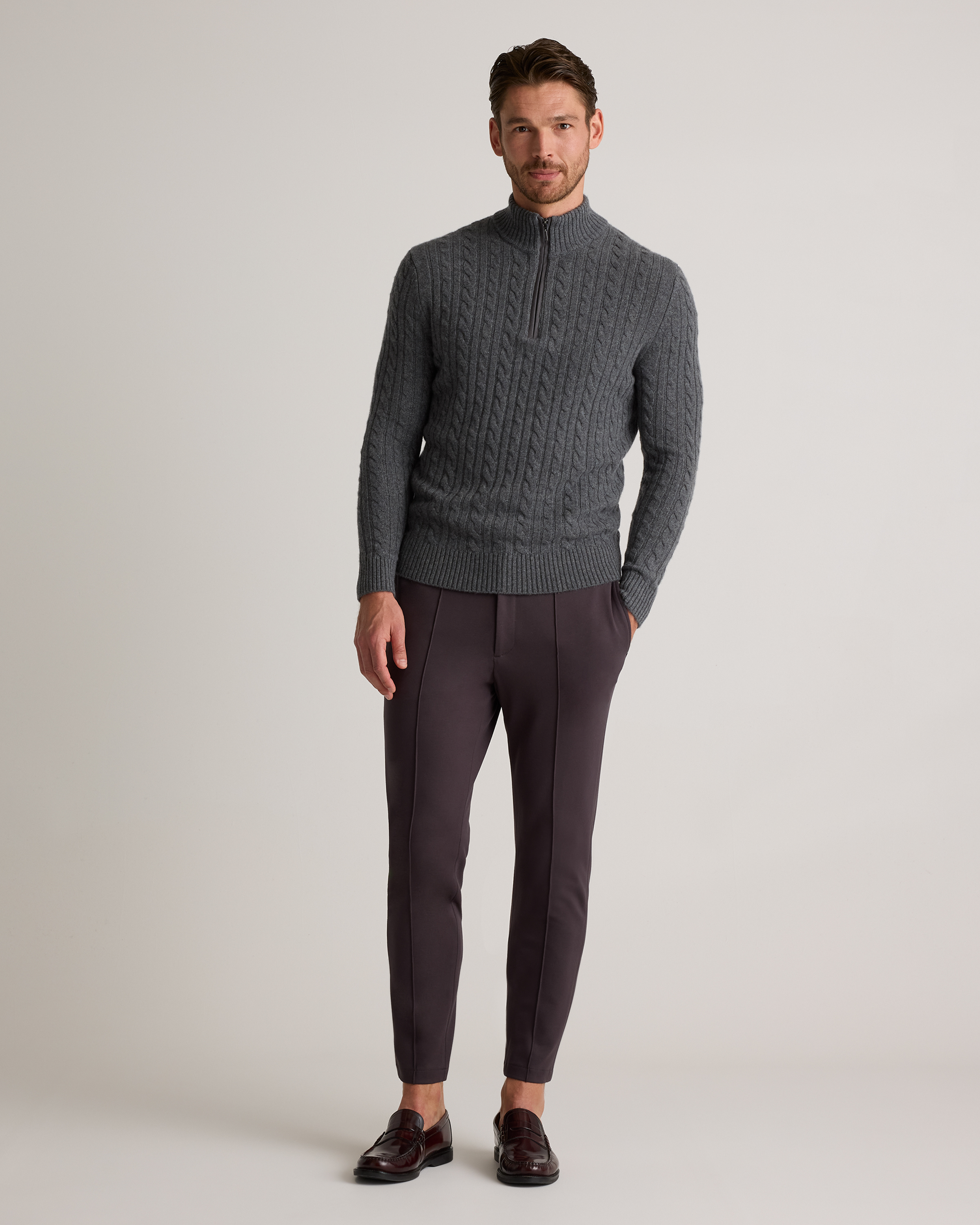 Luxe Baby Cashmere Cable Quarter Zip Sweater in Heather Pewter