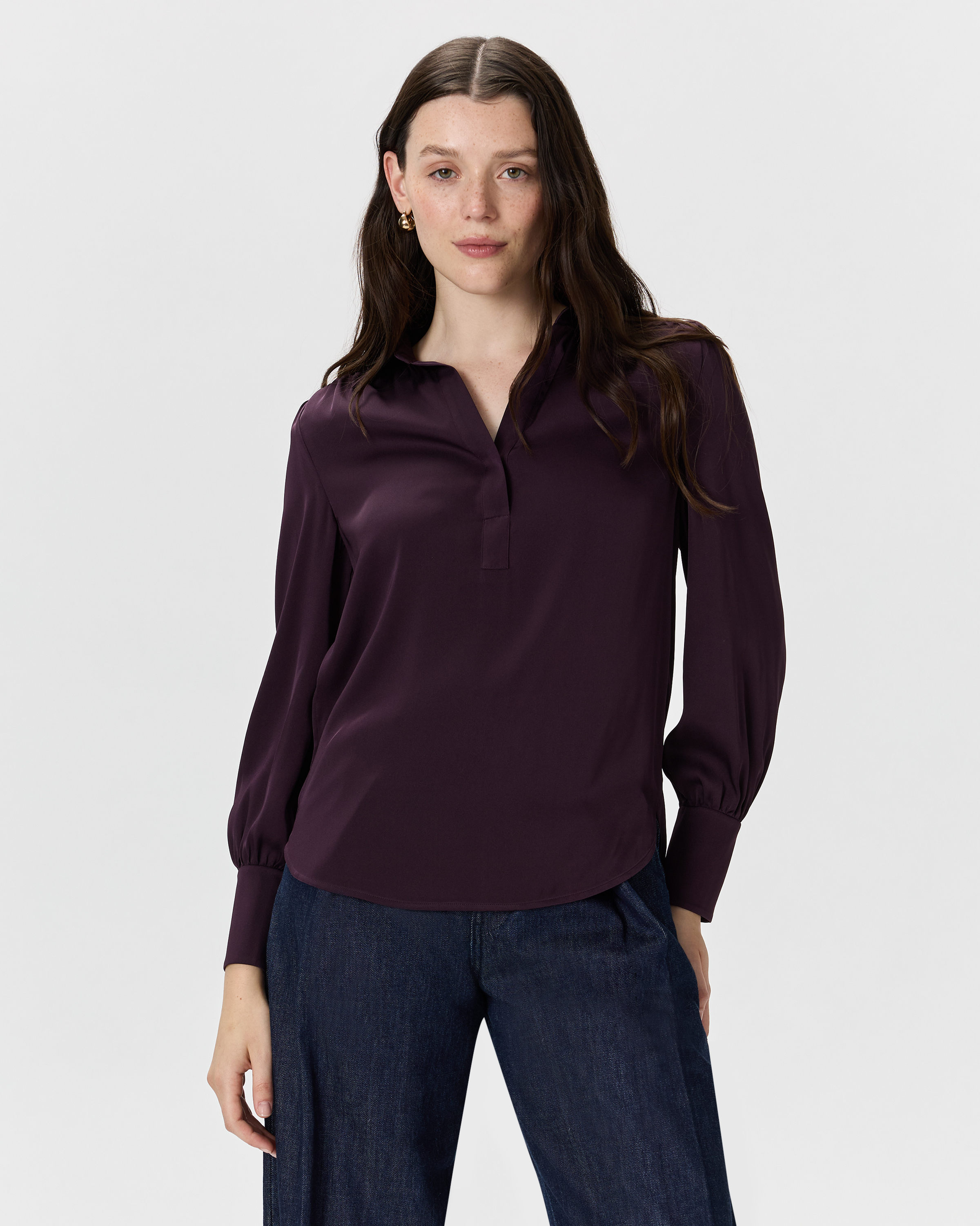 Deep Orchid Purple Washable Stretch Silk Split Neck Blouse 