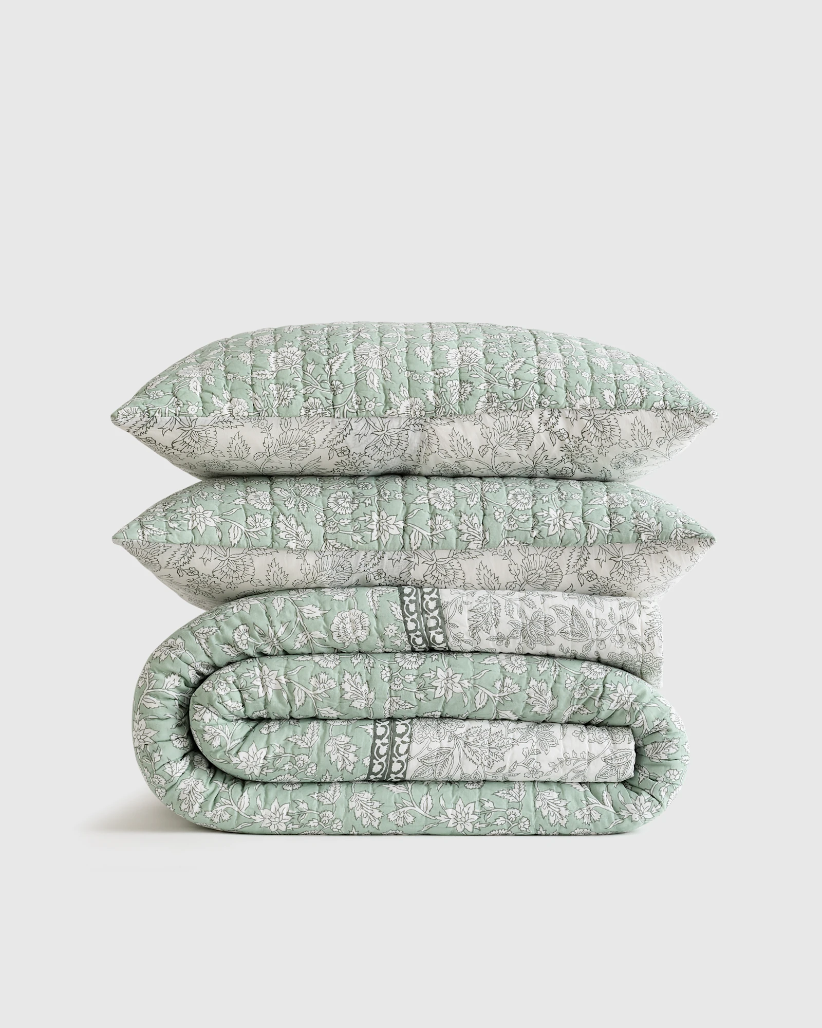 Organic Cotton Block Print Quilt Set - Green, King/Cal King