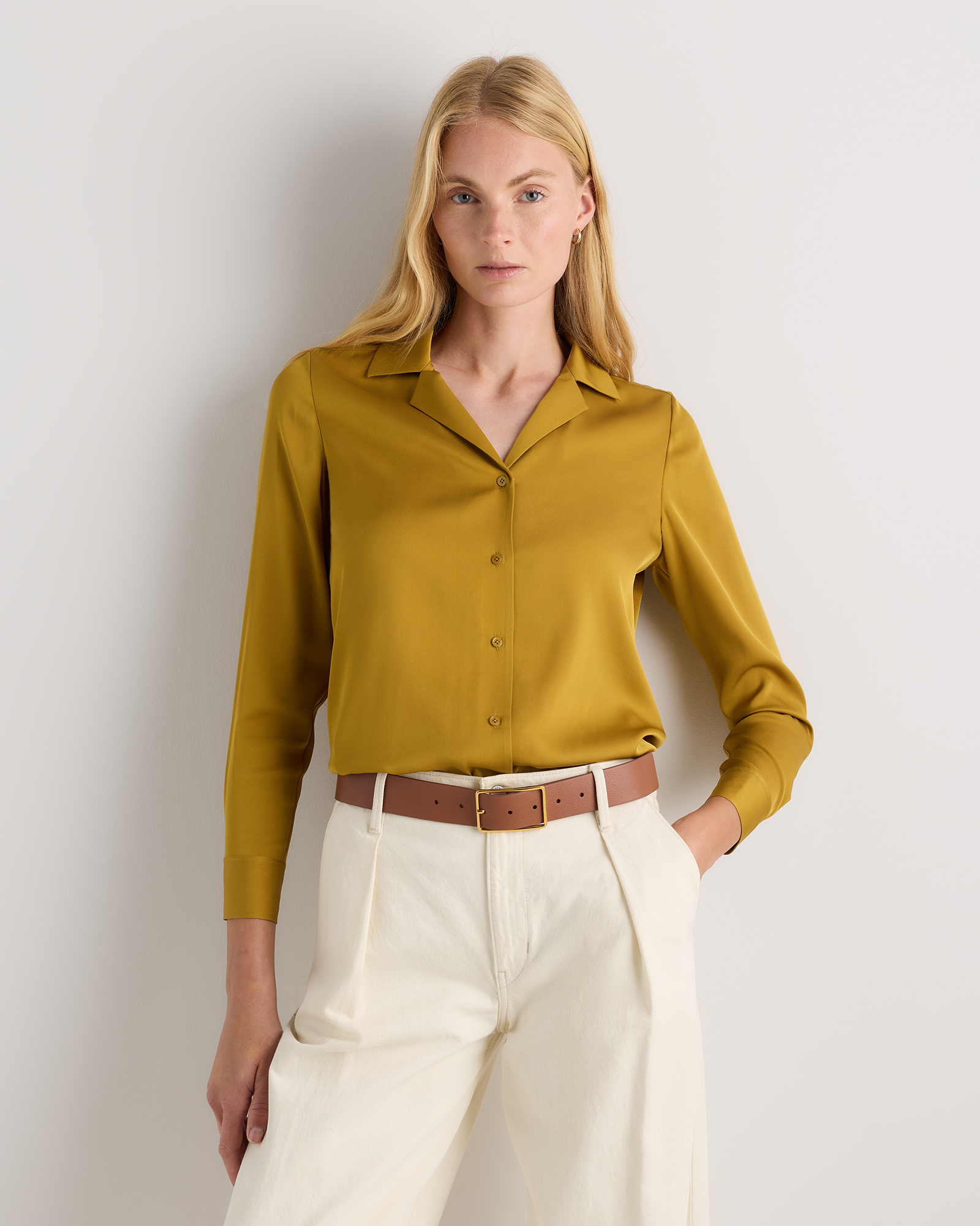 Mineral Yellow Washable Stretch Silk Notch Collar Blouse