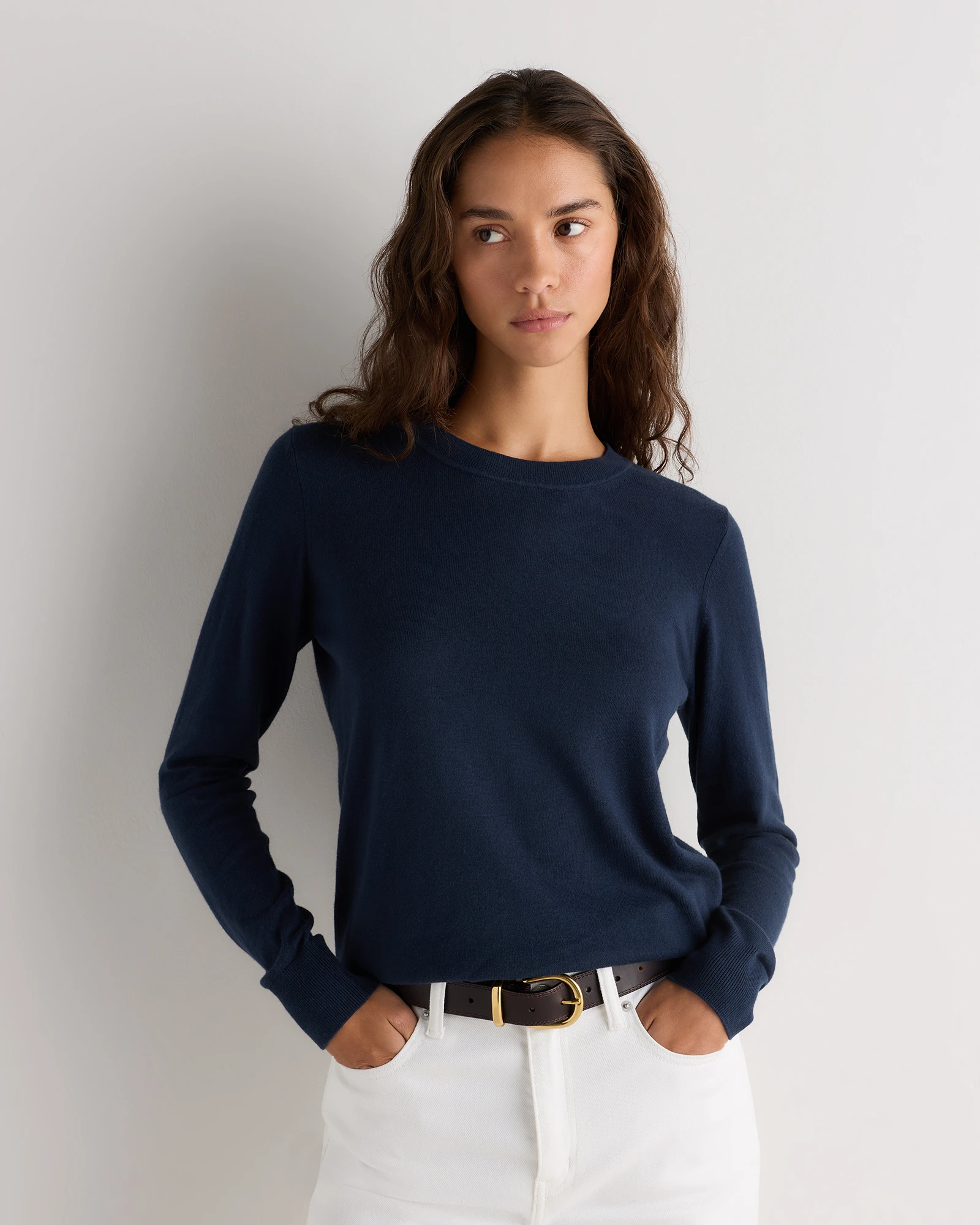Quince Lightweight Cotton Cashmere Crew Sweater in Atlas Navy