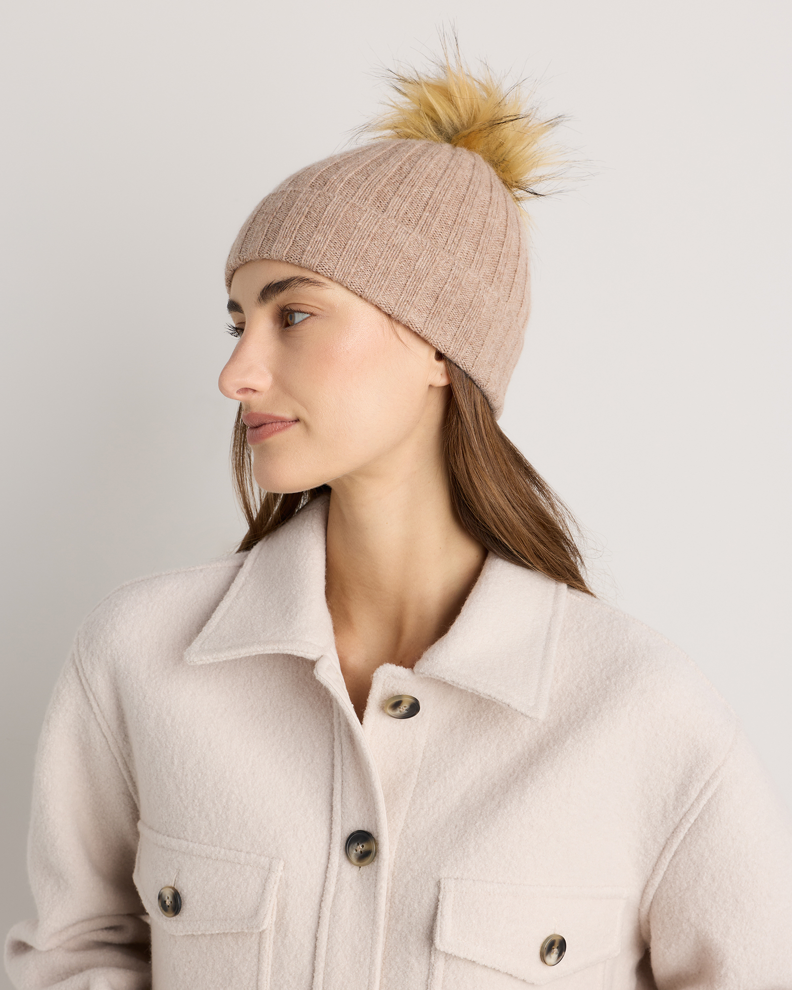 Oatmeal Mongolian Cashmere Pom Pom Beanie 