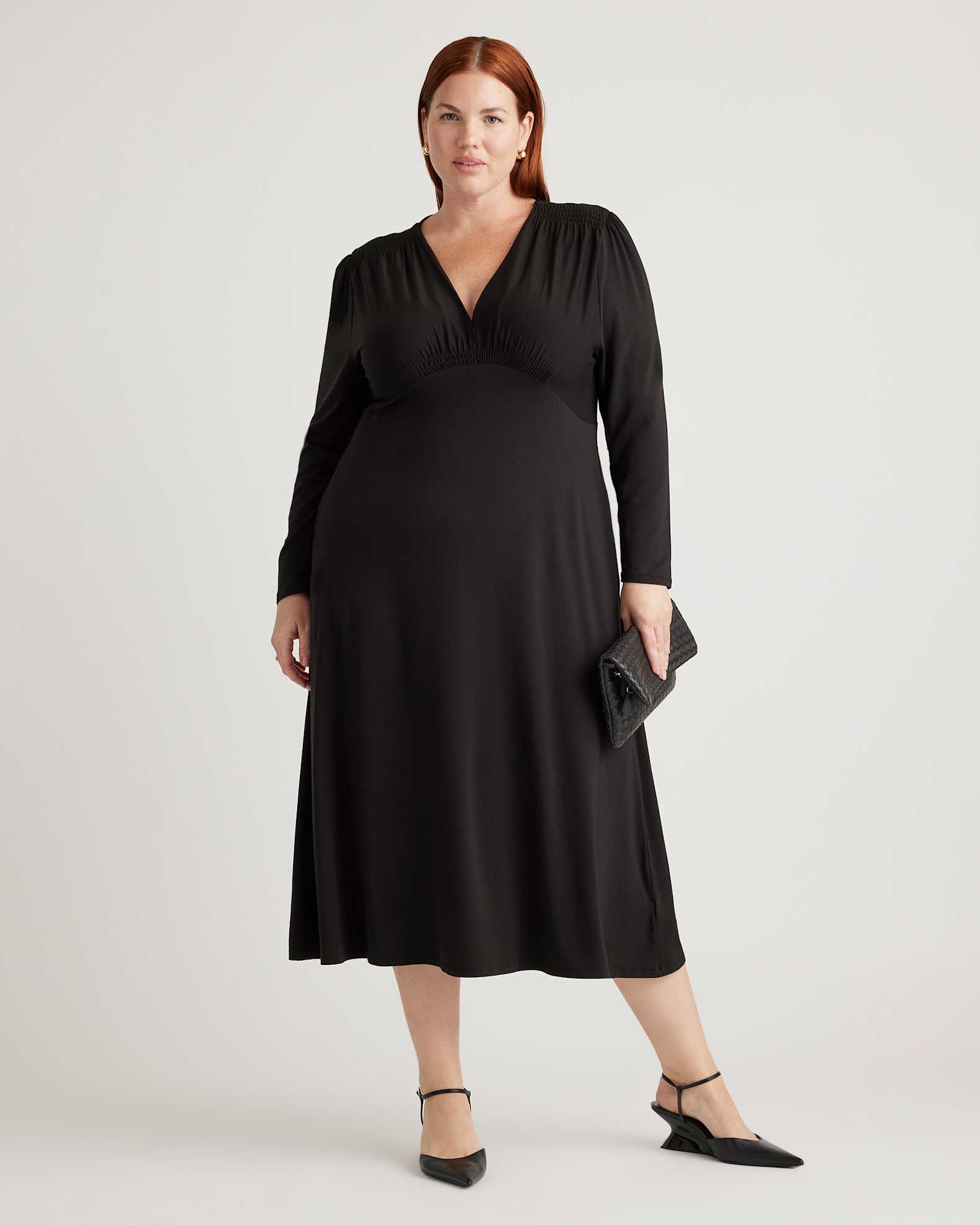 Tencel Jersey V-Neck Long Sleeve Midi Dress in Black Tencel Jersey V-Neck Long Sleeve Midi Dress in Black