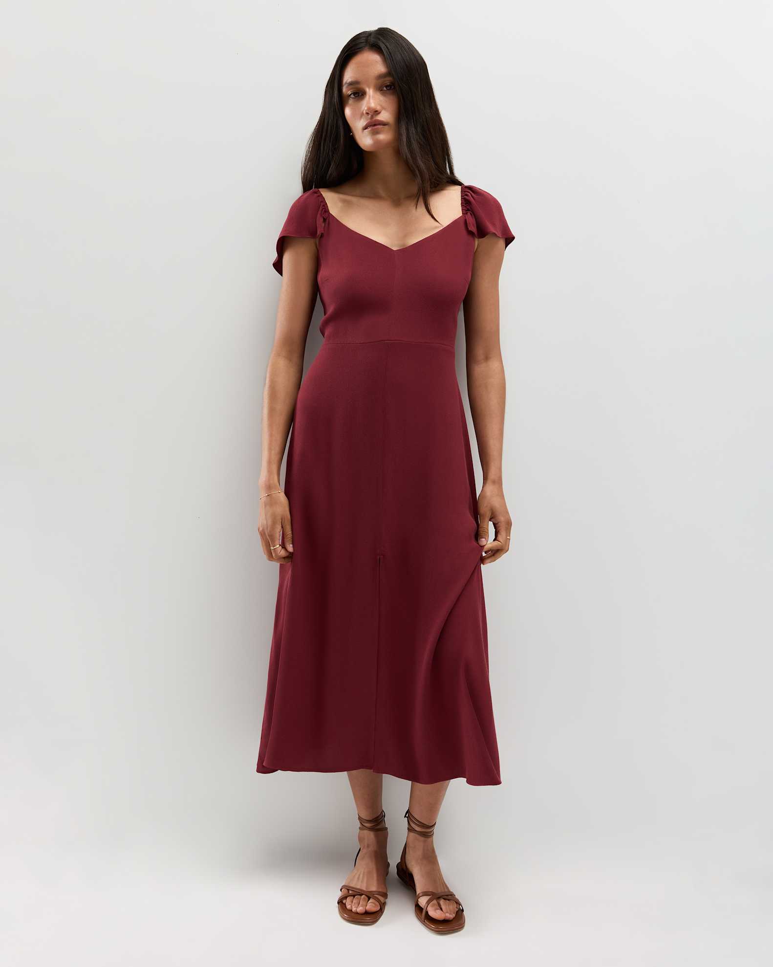 Women's Lightweight Crepe Flutter Sleeve Midi Dress in Maroon, Size Medium, Viscose by Quince Women's Lightweight Crepe Flutter Sleeve Midi Dress in Maroon, Size Medium, Viscose by Quince