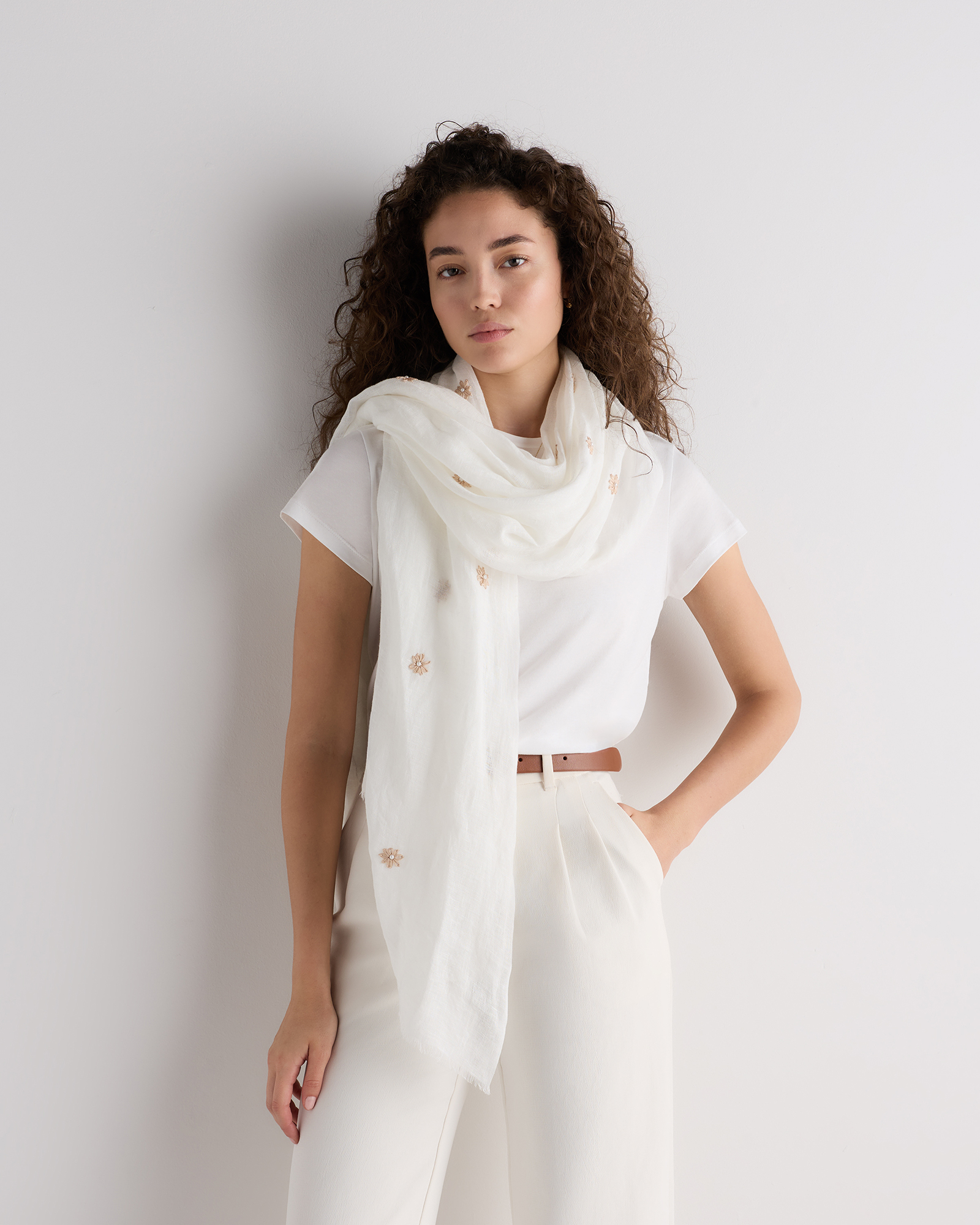 Ivory 100% European Linen Embroidered Scarf
