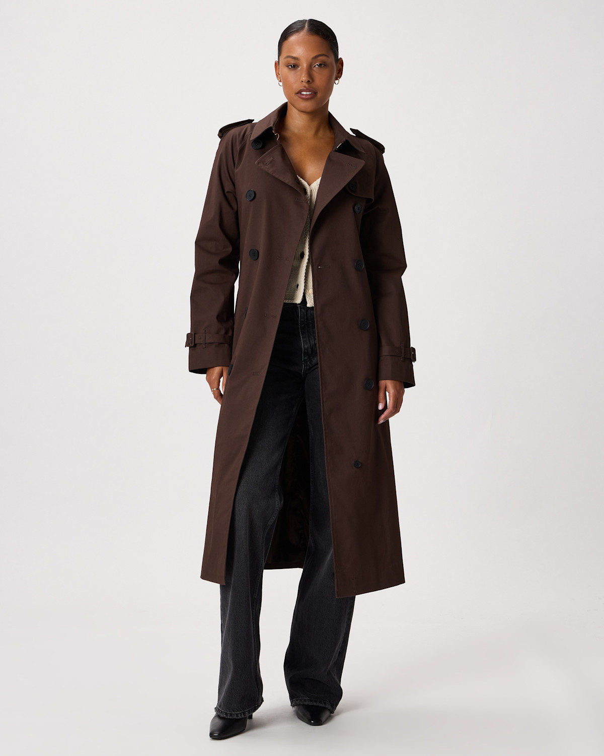 Quince Comfort Stretch Long Trench Coat in Coffee Bean Brown