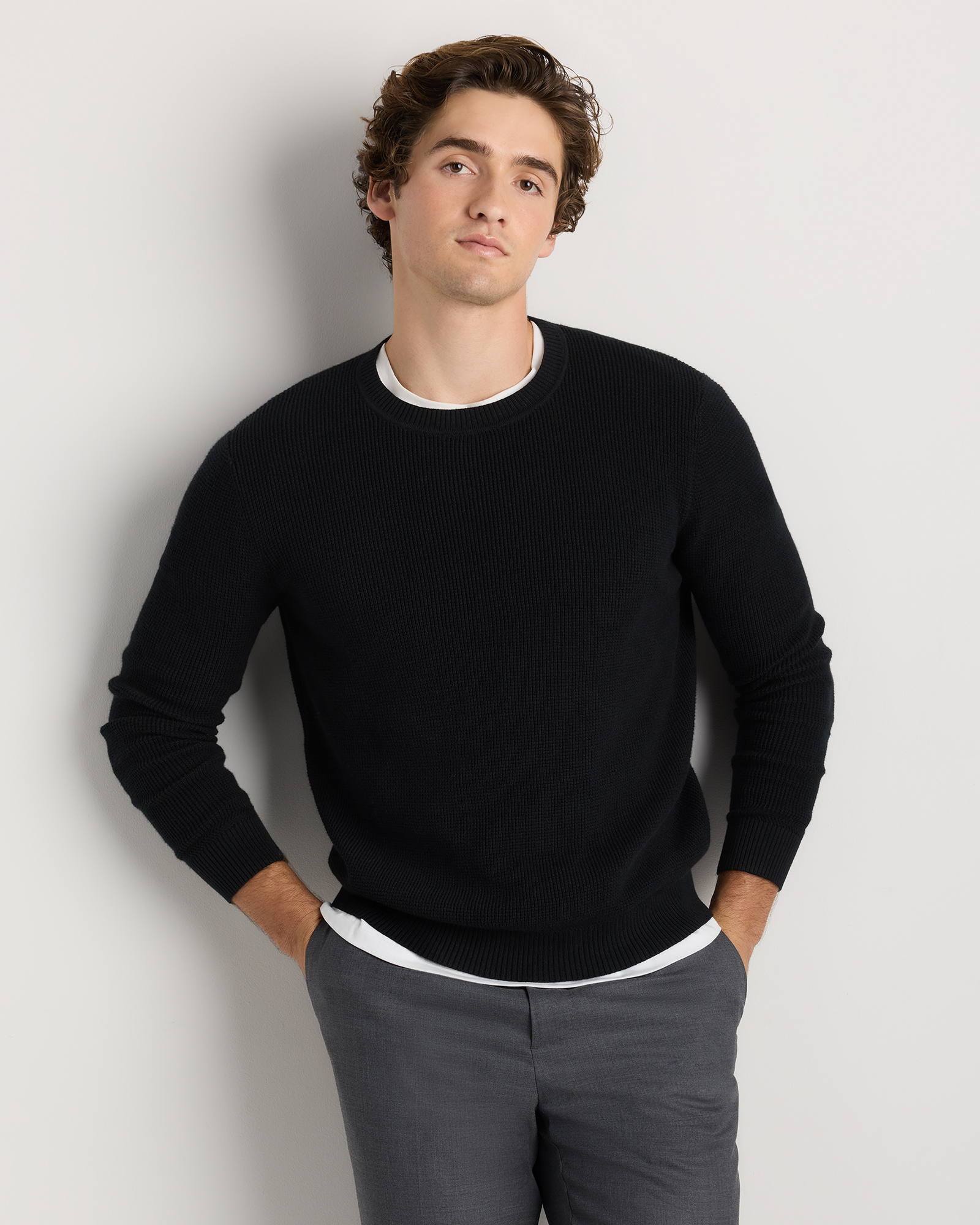 Black Organic Cotton Cashmere Waffle Crewneck Sweater