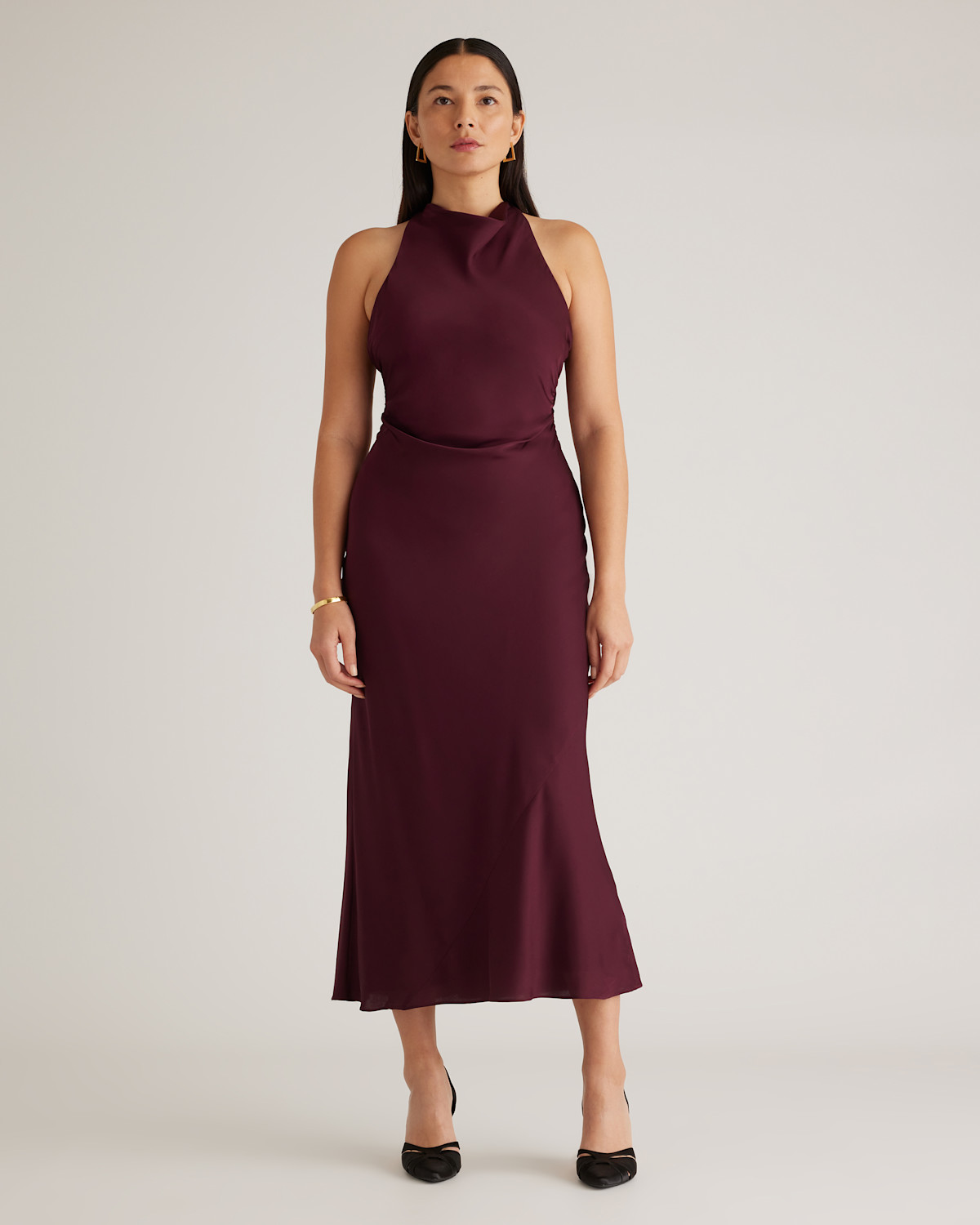 Quince Washable Stretch Silk High Neck Midi Dress in Wine Tasting Red