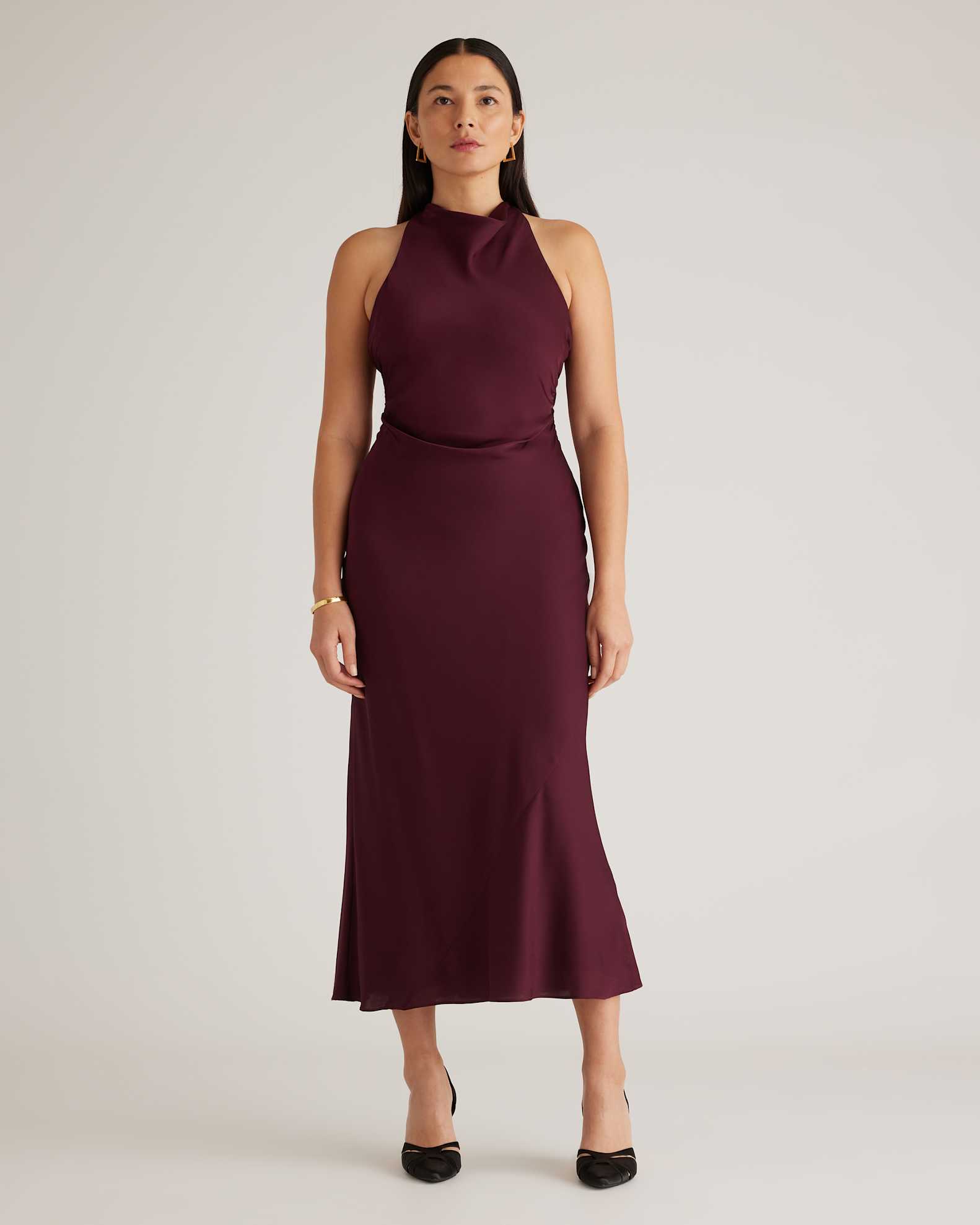 Washable Stretch Silk High Neck Midi Dress in Wine Tasting Red Washable Stretch Silk High Neck Midi Dress in Wine Tasting Red
