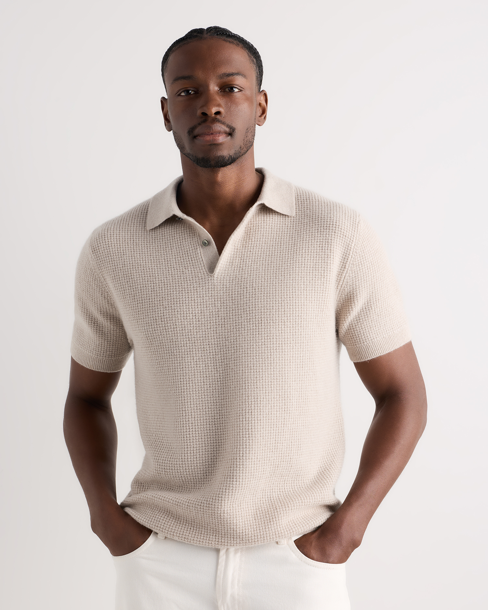 Heather Cloud Beige Mongolian Cashmere Waffle Short Sleeve Polo Sweater