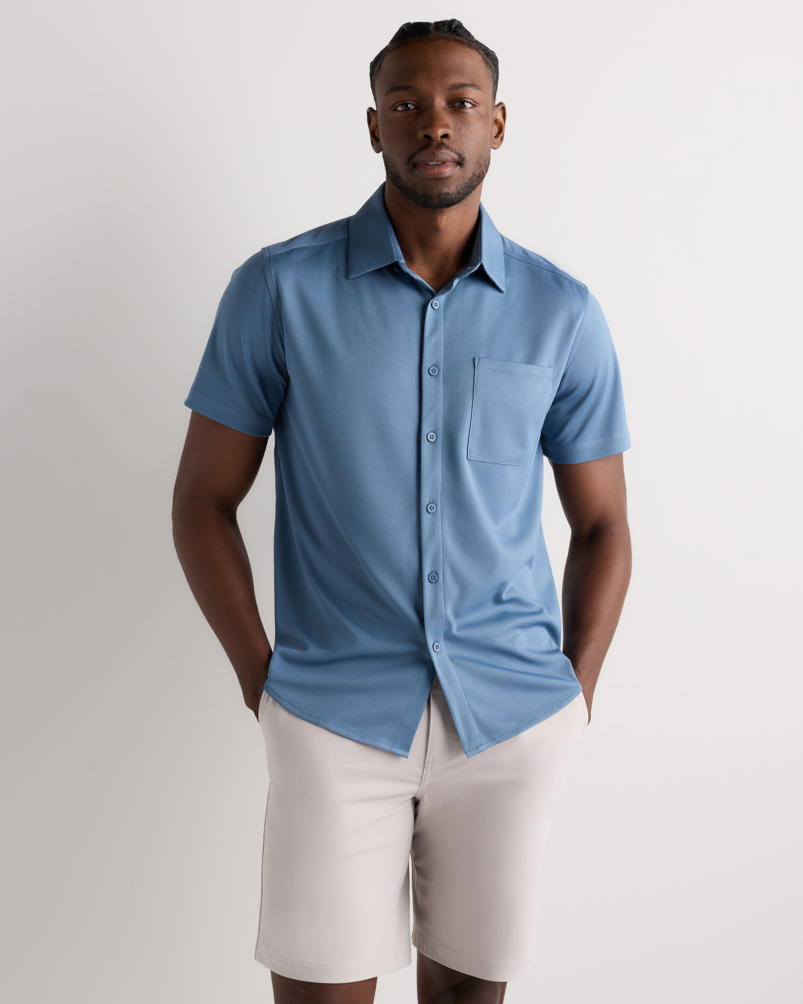 Aegean Blue Commuter Stretch Pique Short Sleeve Button Down