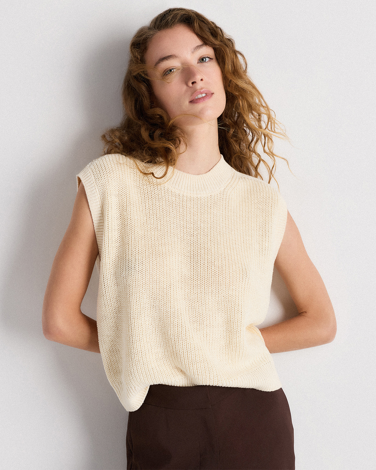 Sandstone Beige Débardeur en tricot de coton et lin