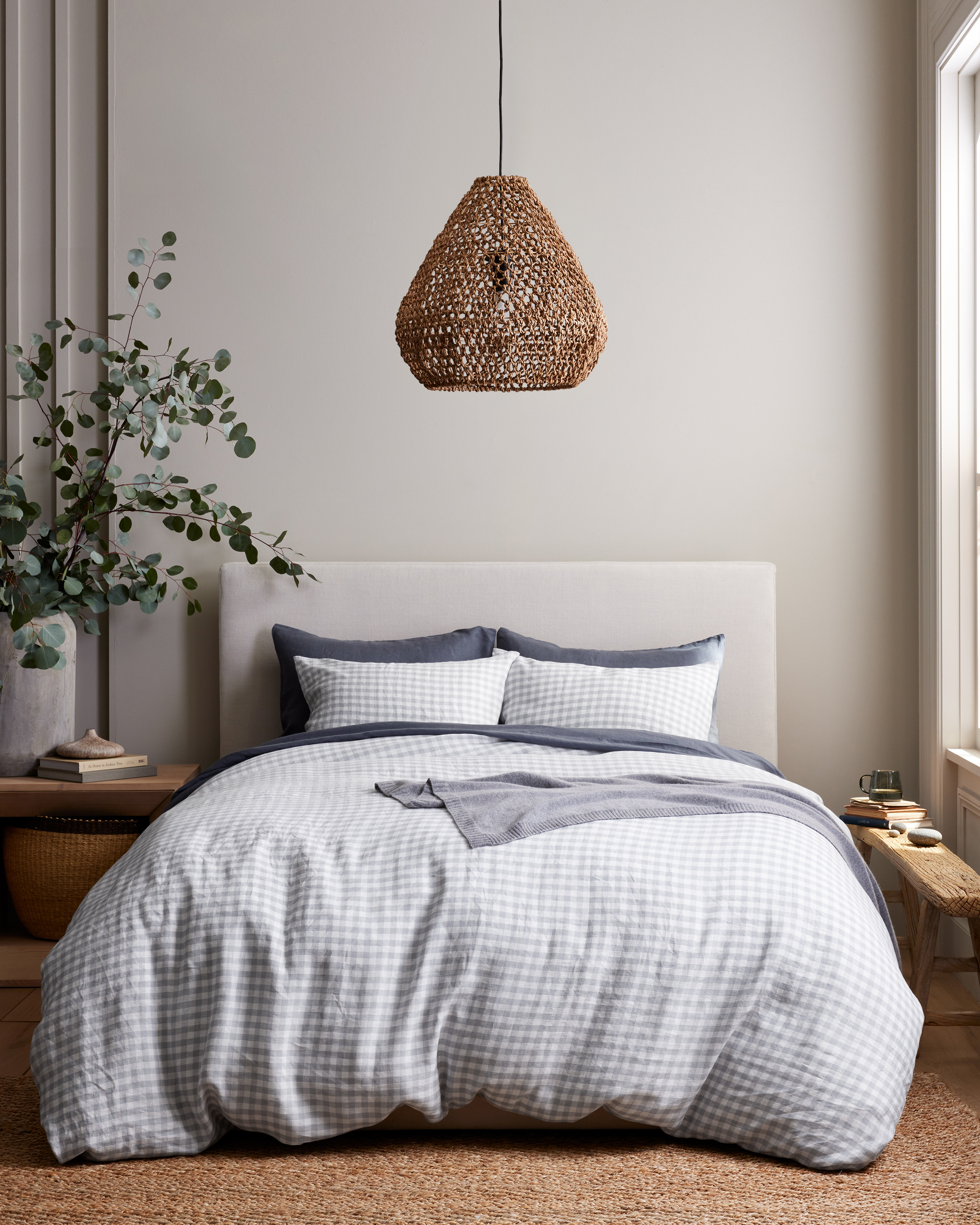 Blue Fog European Linen Gingham Duvet Cover Set