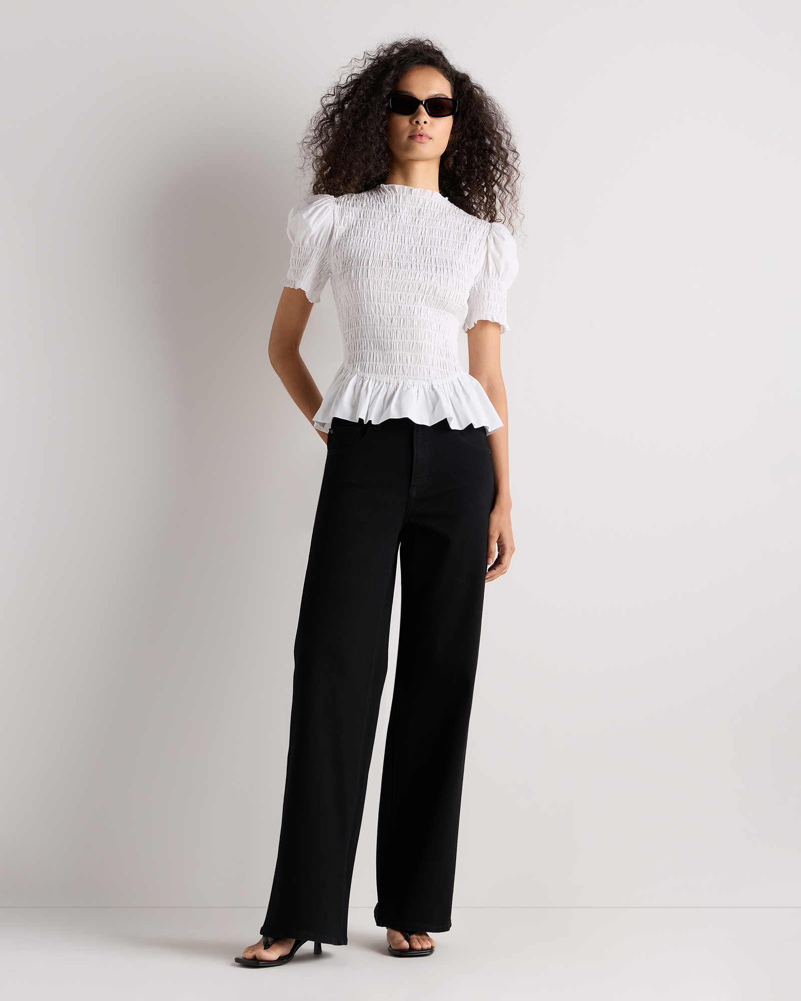 Cotton Viscose Voile Smocked Peplum Top in Classic White