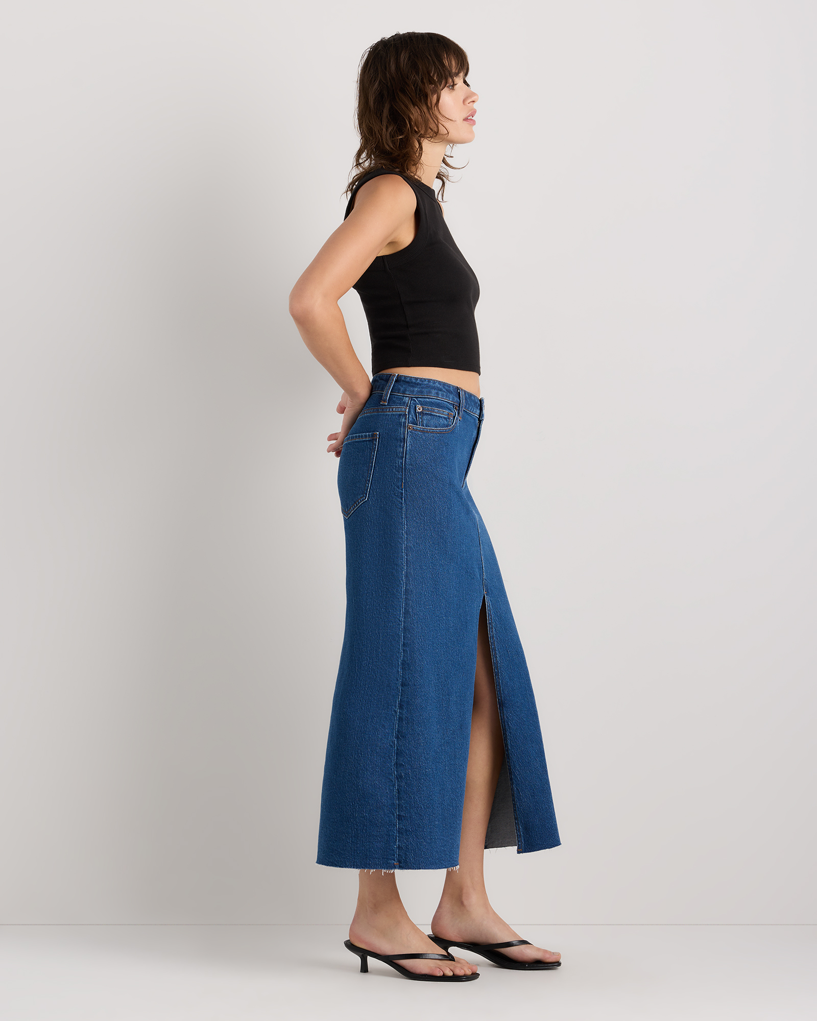 Stretch Denim 5-Pocket Midi Skirt in Obsidian Blue | Quince Canada