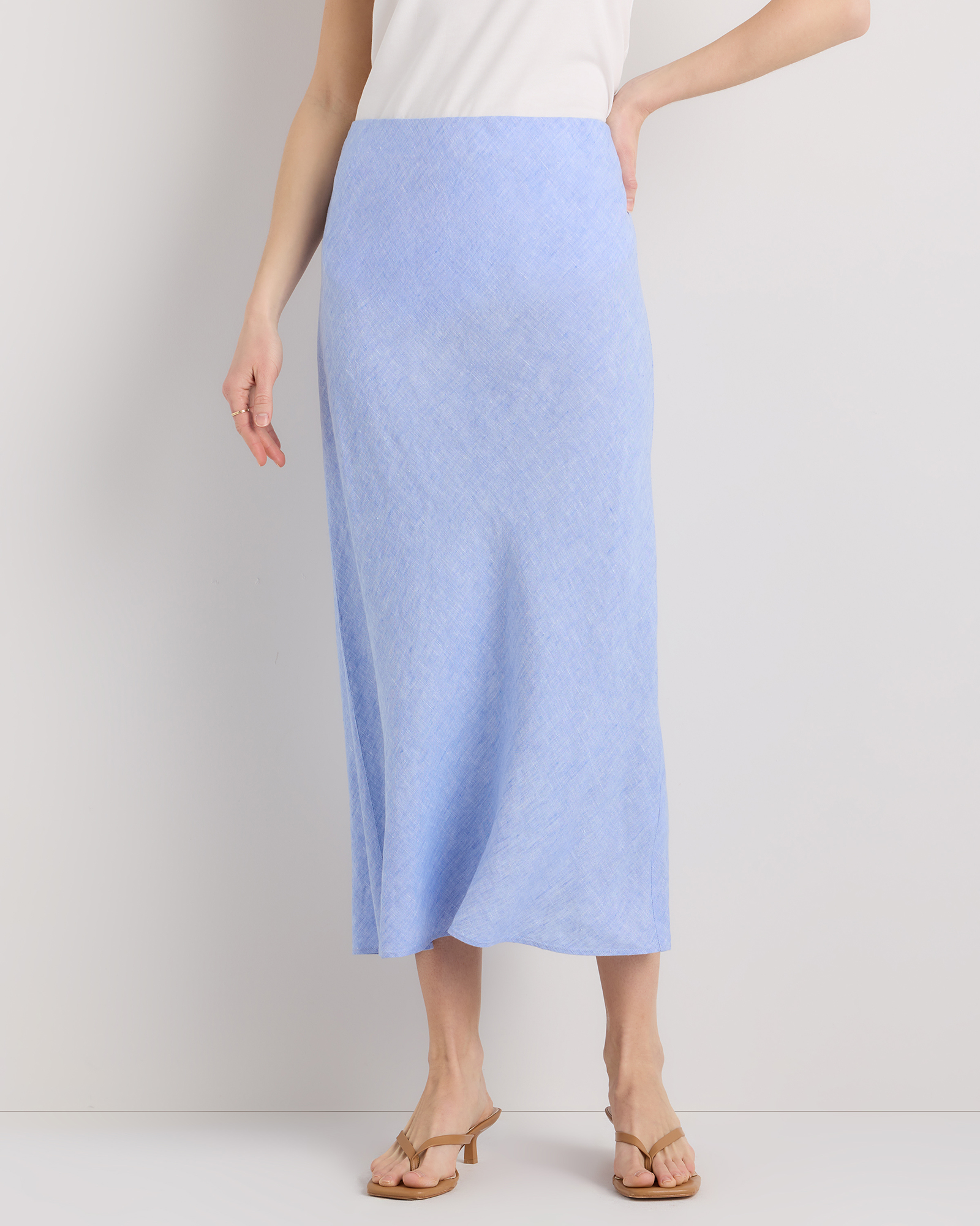 French Blue 100% European Linen Midi Slip Skirt
