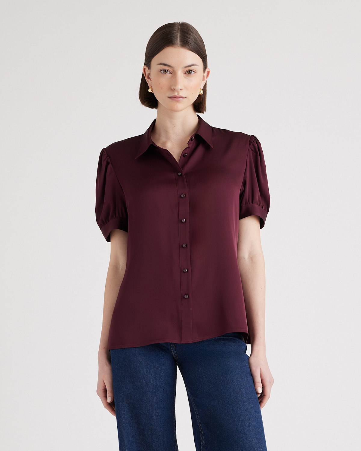 Quince Washable Stretch Silk Puff Sleeve Blouse in Wine Tasting Red