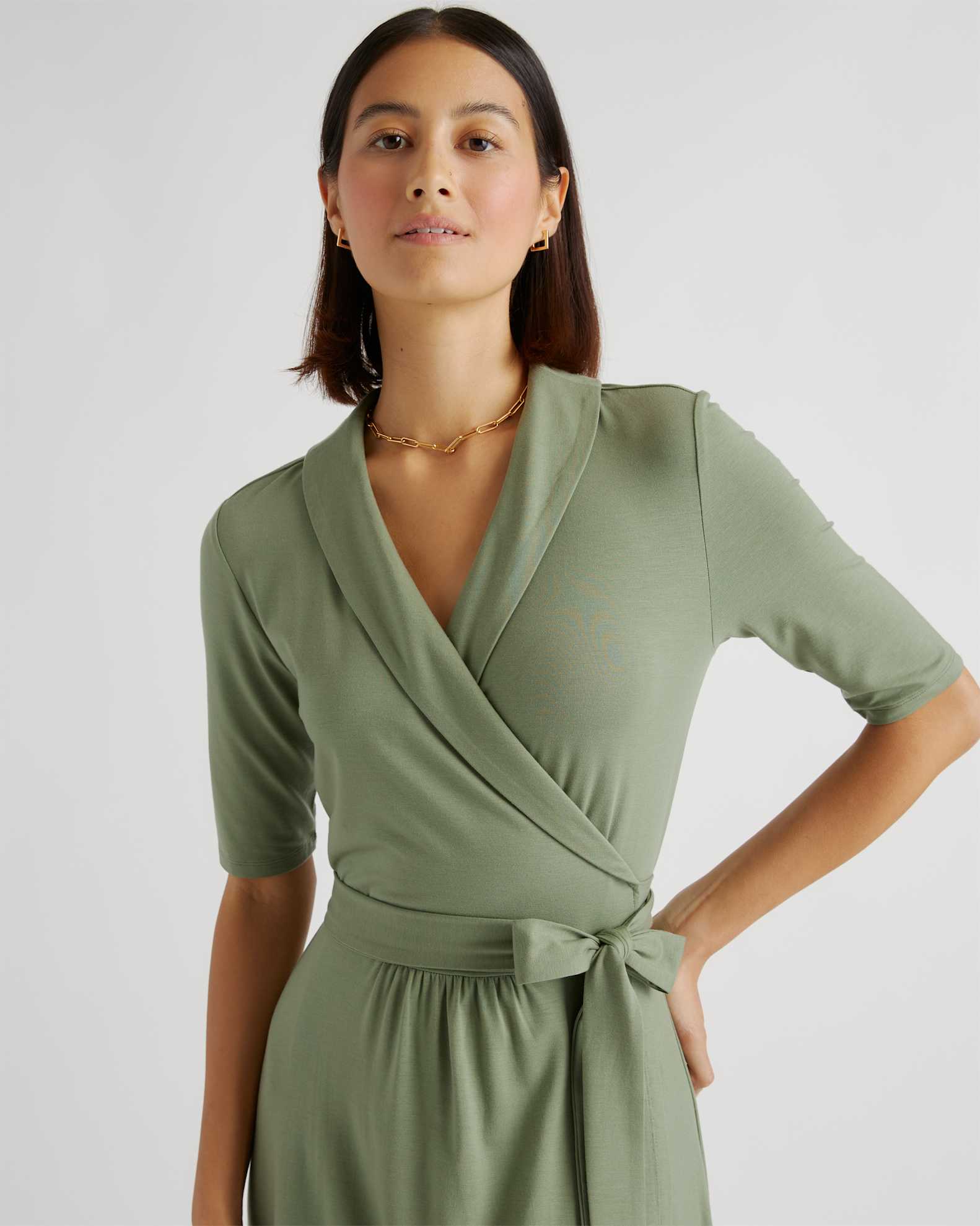 Quince Women's Tencel Jersey Midi Wrap Dress in Sage, Size Small - Eco-Friendly, Comfortable, Modern Length Quince Women's Tencel Jersey Midi Wrap Dress in Sage, Size Small - Eco-Friendly, Comfortable, Modern Length