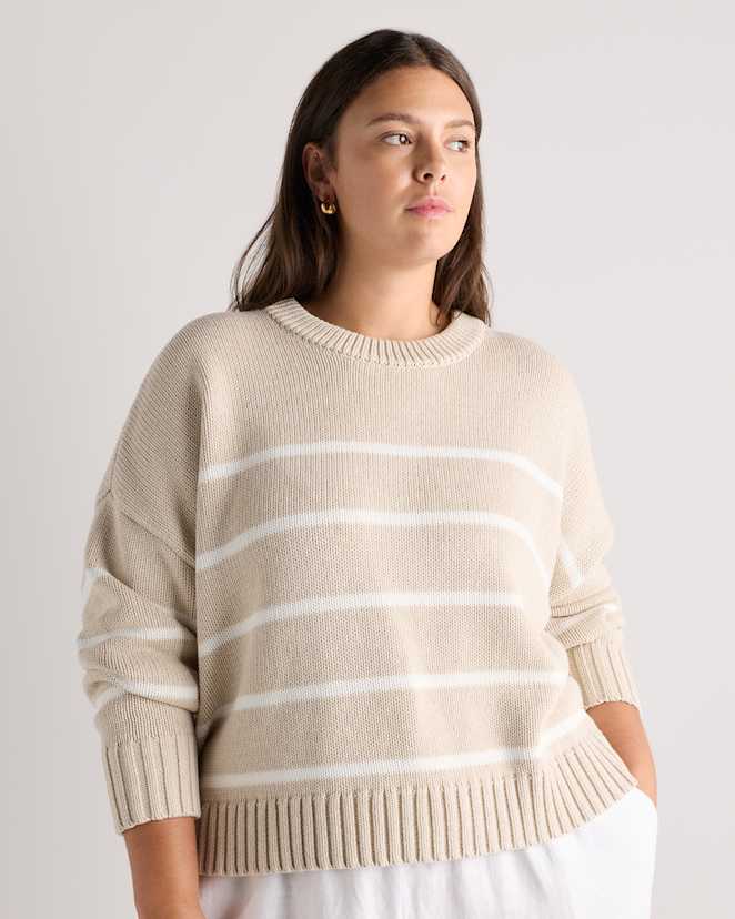 Speckled Beige/Ivory Women's Plus Size 100% Organic Cotton Striped Crew Sweater