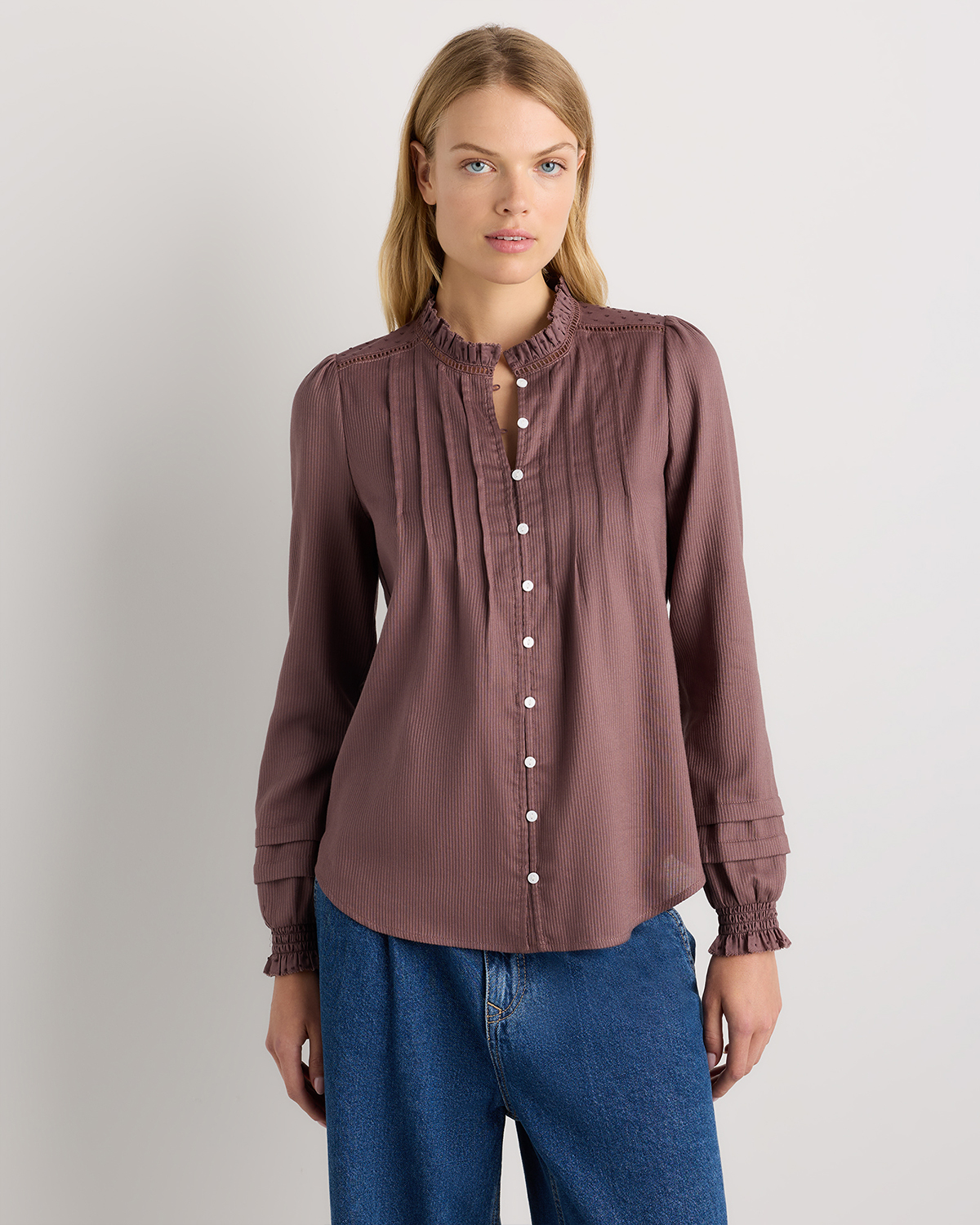 Taupe Brown Organic Textured Cotton Peasant Blouse