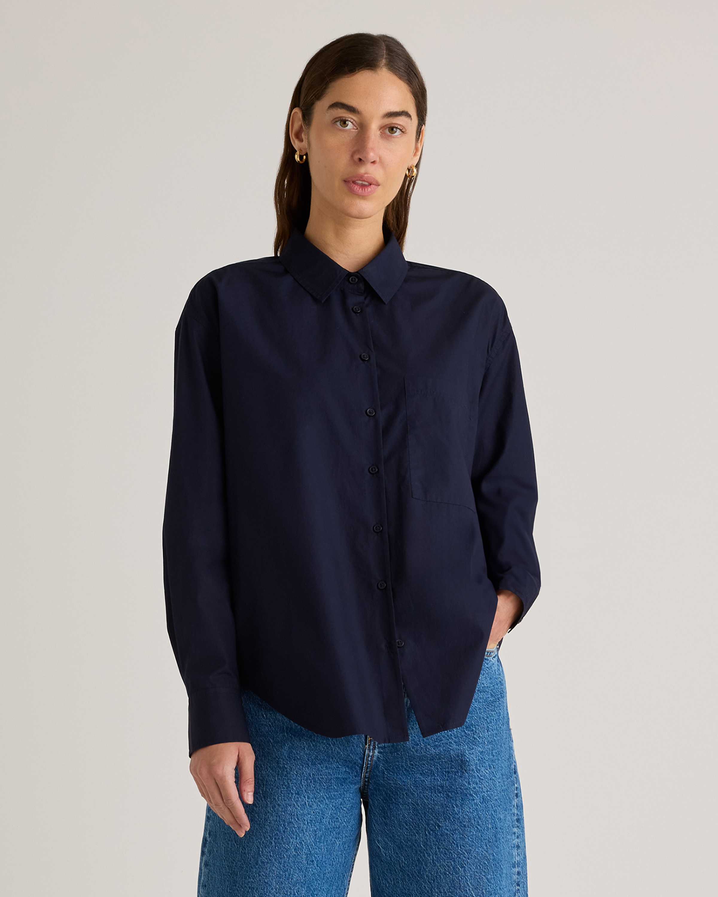 Navy 100% Organic Cotton Poplin Long Sleeve Boyfriend Shirt
