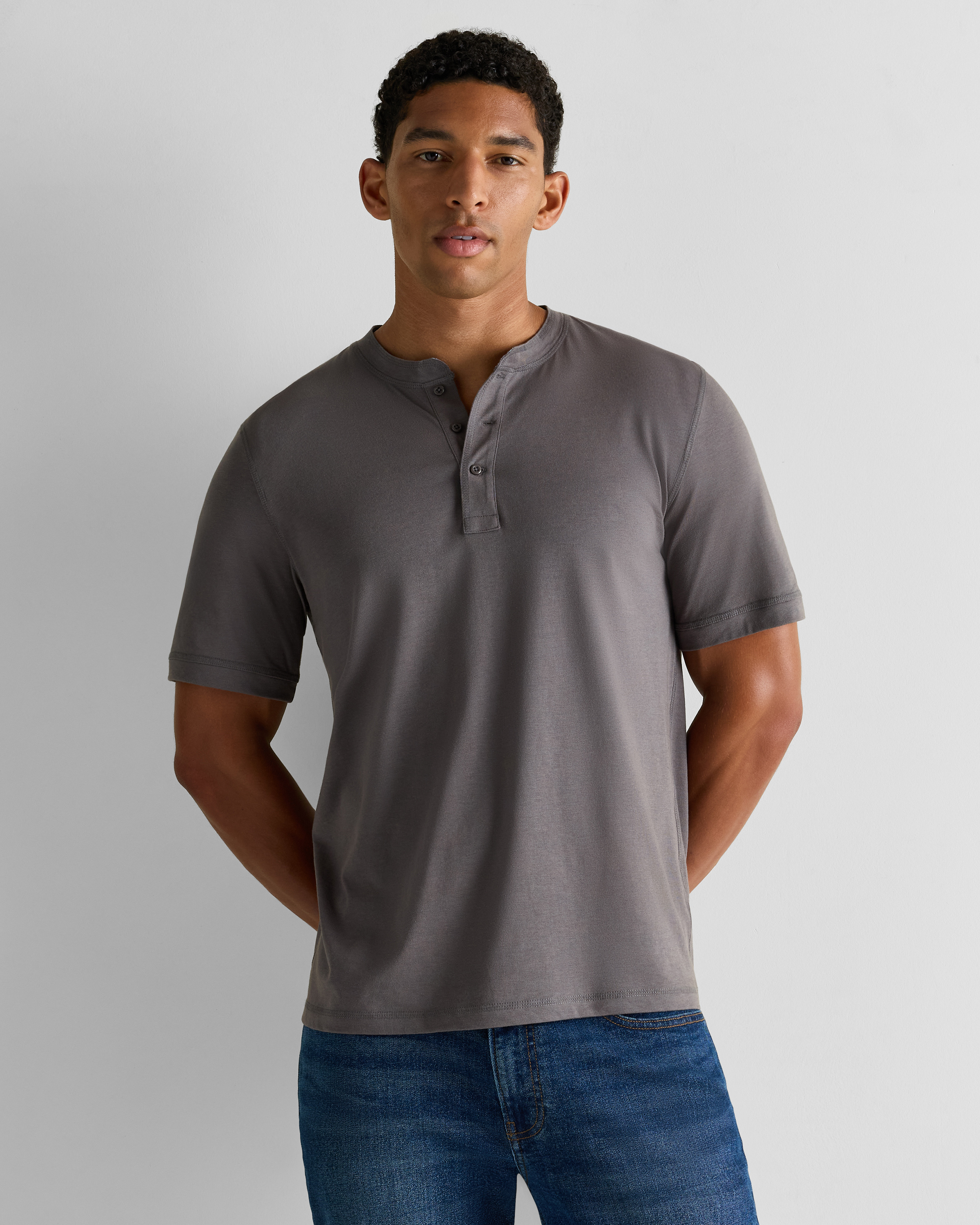 Dark Gull Grey Cotton Modal Short Sleeve Henley Tee