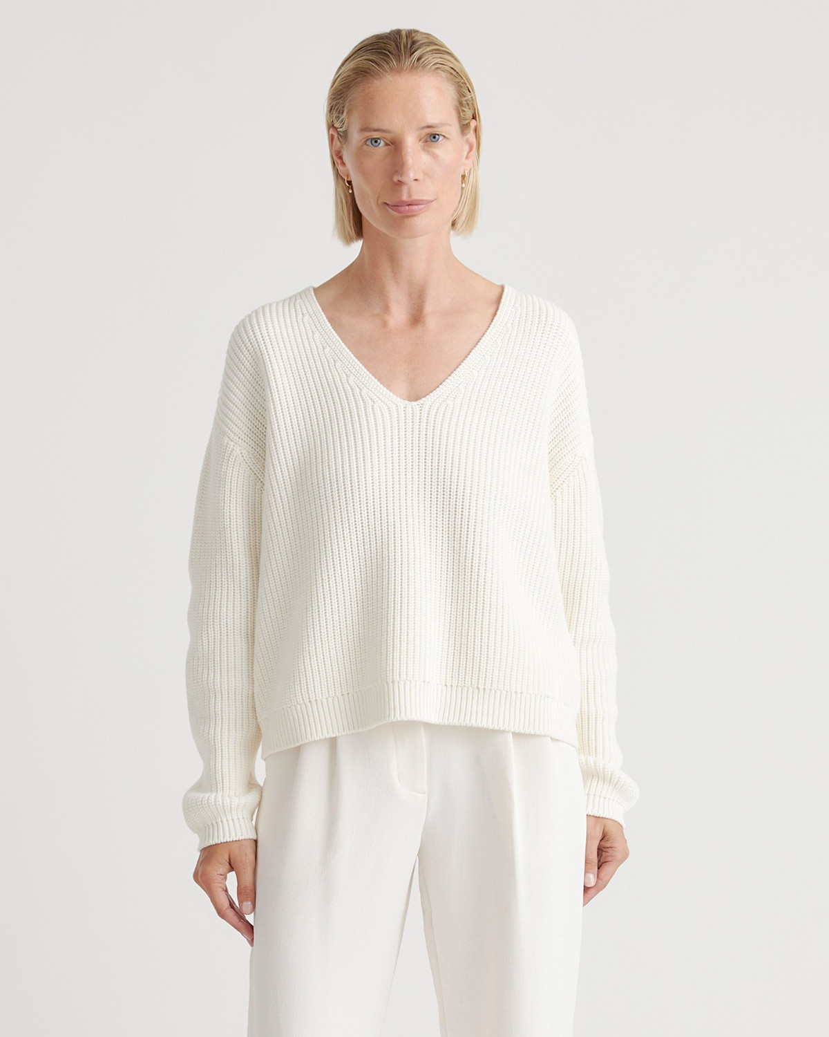 QUINCE 100% Organic Cotton Fisherman V-Neck Sweater