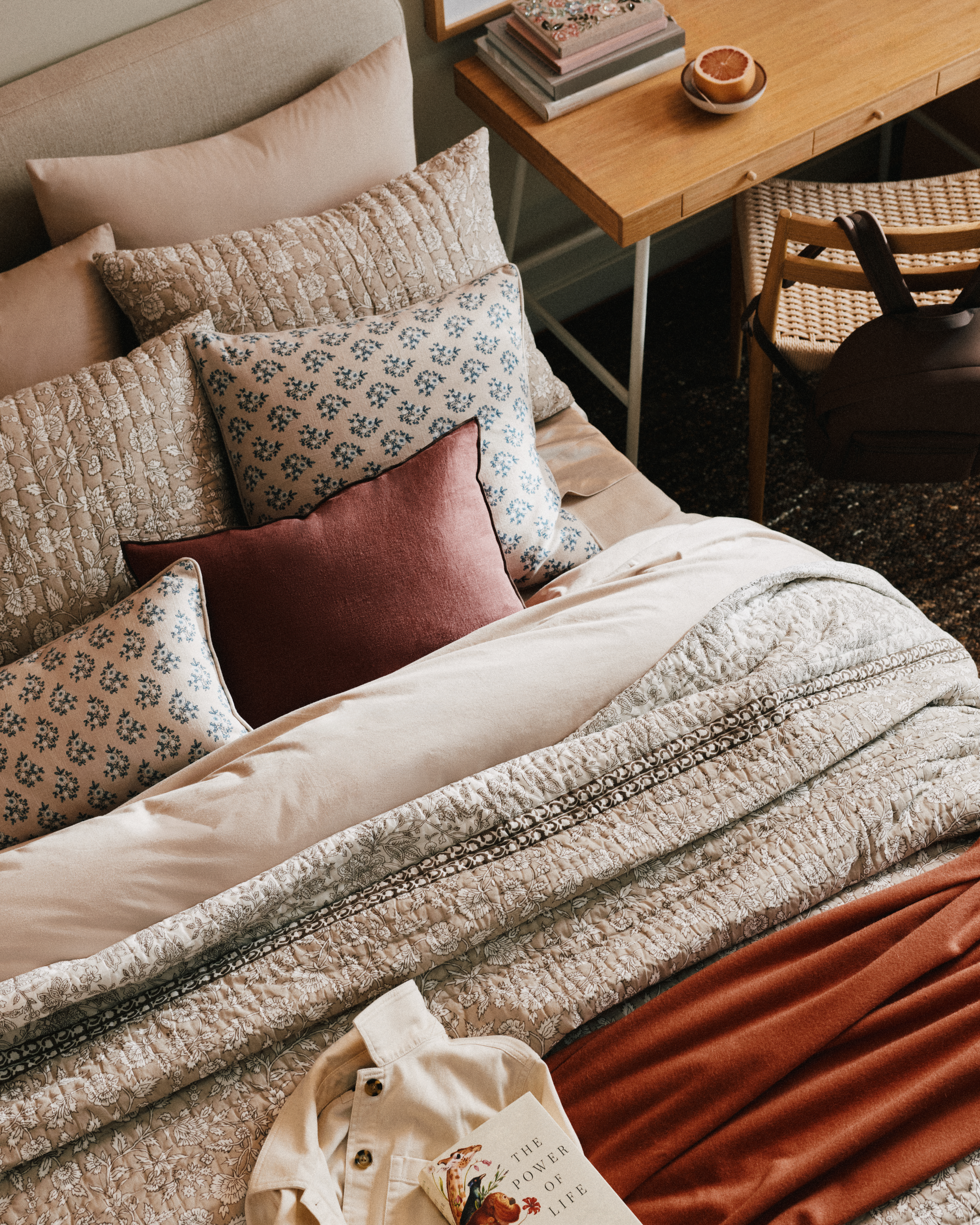Natural Piped Block Print Cotton Pillow Cover