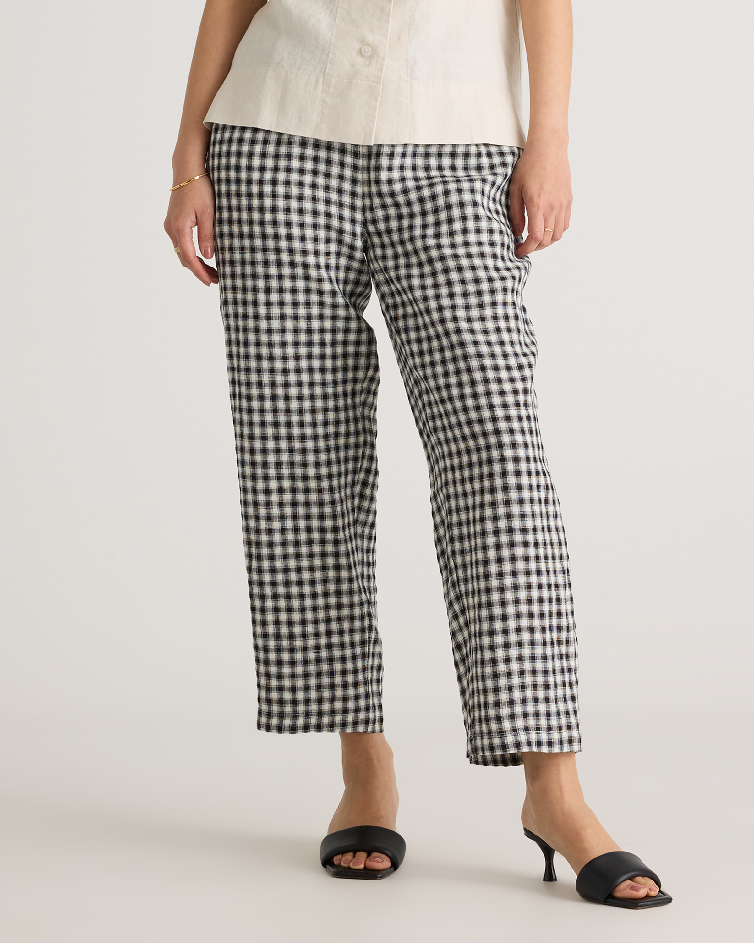 Khaki / Black Gingham 100% European Linen Pants