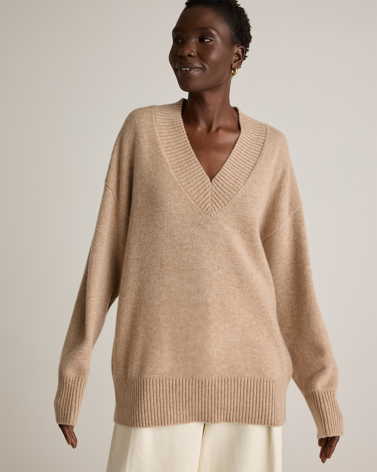 Mongolian Cashmere Oversized V-Neck Sweater in Oatmeal