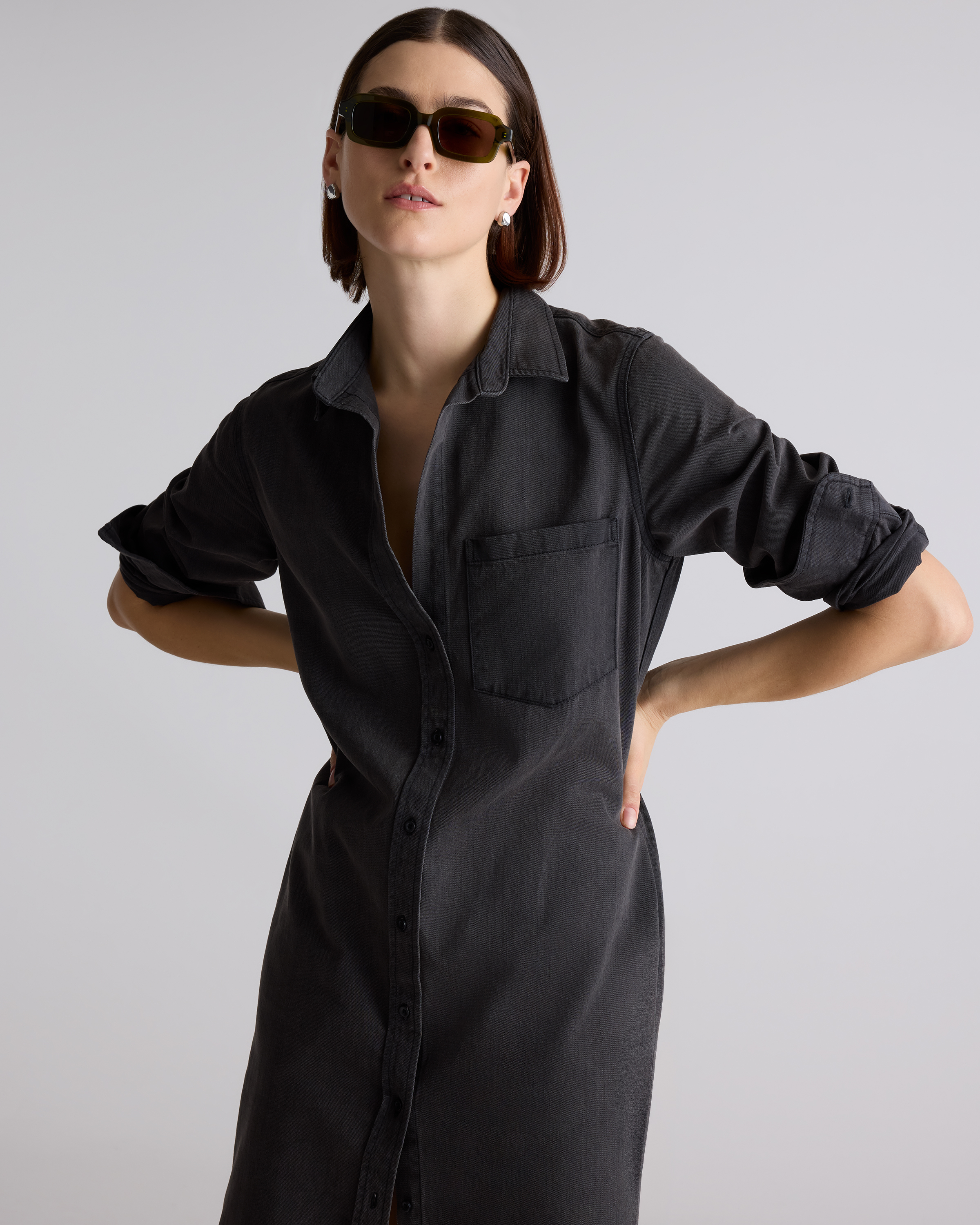 Distressed Denim Maxi Shirt Dress in Washed Black