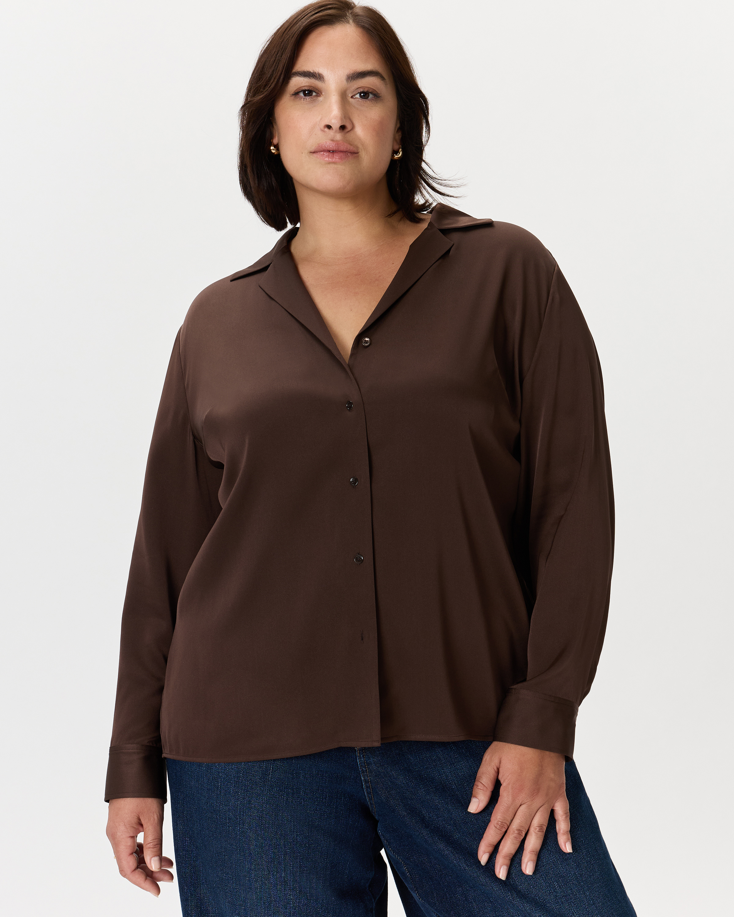 Hot Fudge Washable Stretch Silk Notch Collar Blouse