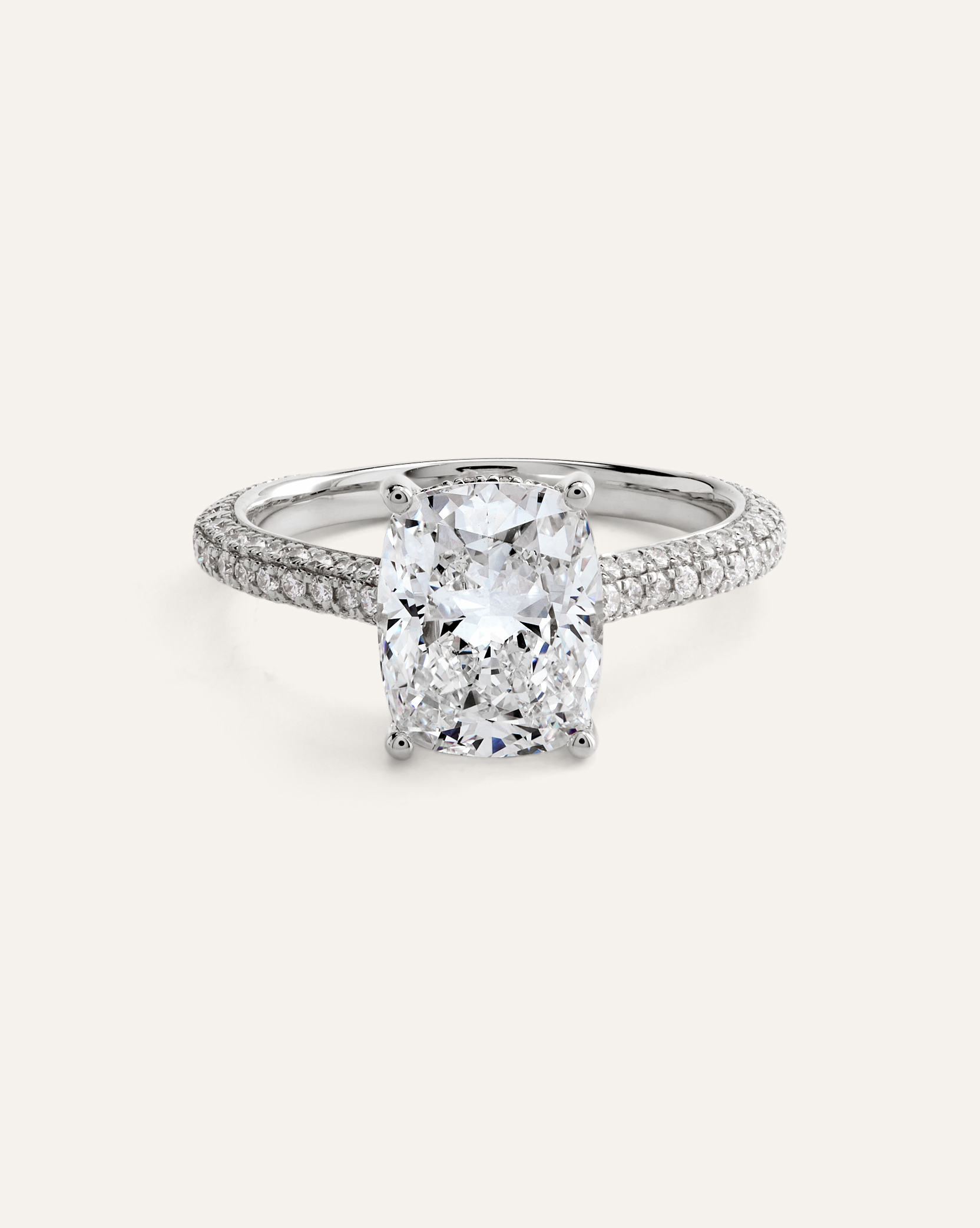 White Gold Lab Grown Diamond Elongated Cushion Pave Cathedral Engagement Ring - 3ctw