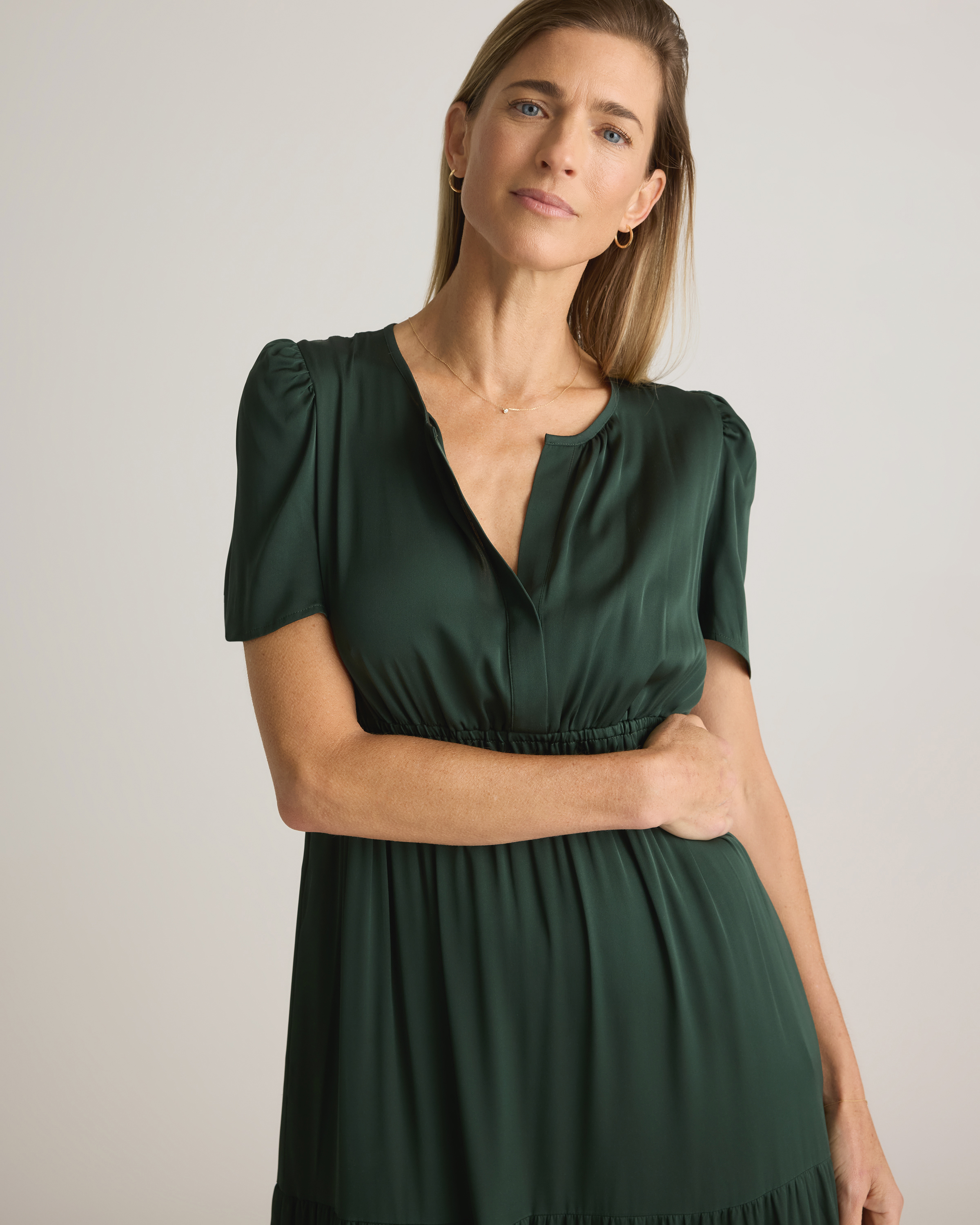 Women's Washable Stretch Silk Tiered Maxi Dress in Forest Green, Size XS by Quince