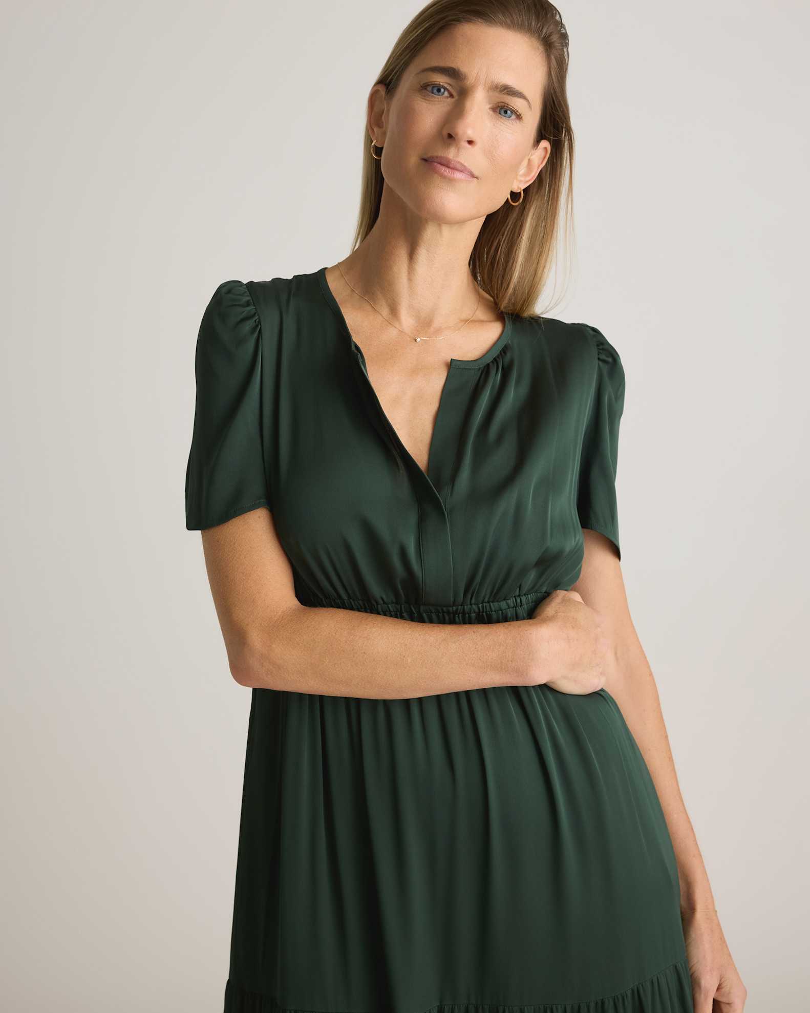 Women's Washable Stretch Silk Tiered Maxi Dress in Forest Green, Size XS by Quince Women's Washable Stretch Silk Tiered Maxi Dress in Forest Green, Size XS by Quince