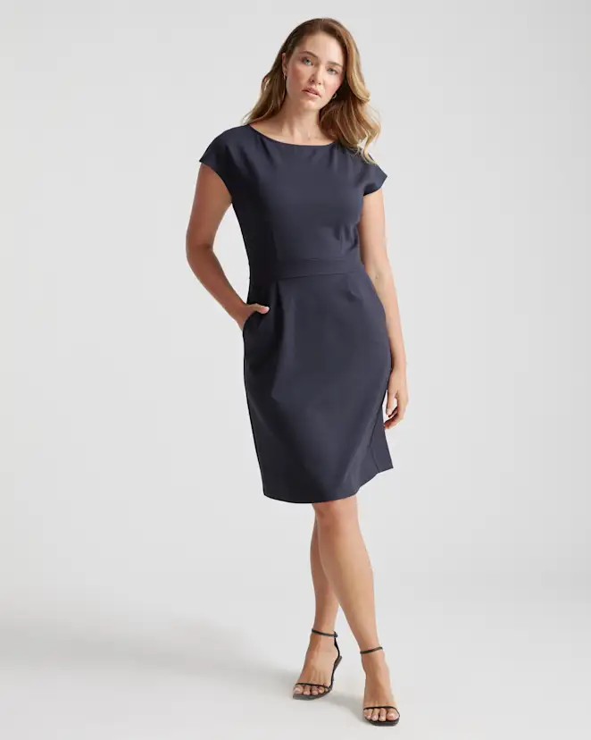 Navy Ultra-Stretch Ponte Cap Sleeve Dress